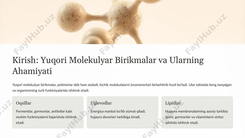 triglitseridlar, fosfolipidlar uglevodlar glyukoza, fruktoza, galaktoza 5 qon plazmasi oqsillari va ularning fiziologik ahamiyati qon plazmasi oqsillari organizmda turli funktsiyalarni bajaradi. ular qonning osmotik bosimini saqlaydi, transport, himoya va boshqa vazifalarni bajaradi. transport oqsillar qon orqali gormonlar, vitaminlar, metallar va boshqa moddalarni tashiydi. himoya immunoglobulinlar infektsiyalardan himoya qilishda muhim rol o'ynaydi. koagulyatsiya fibrinogen qon ivish jarayonida ishtirok etadi. 6 qon plazmasining bufer tizimi va ph darajasi qonning ph darajasi organizmning normal faoliyati uchun juda muhim. qon plazmasining bufer tizimi qonning ph darajasini 7,35-7,45 oralig'ida saqlashga yordam beradi. bikarbonat buferi qondagi eng muhim bufer tizimi. fosfat buferi hujayra ichida muhim rol o'ynaydi. oqsil buferi qonning ph darajasini saqlashda yordam beradi. 7 yuqori molekulyar birikmalar va qon ivish jarayoni qon ivish jarayoni - qonning suyuq holatdan qattiq holatga o'tish jarayoni. bu jarayonda yuqori molekulyar birikmalar, masalan, fibrinogen va protrombin ishtirok etadi. fibrinogen qon ivishda fibrin hosil qiladi. protrombin trombinni hosil qiladi, bu …