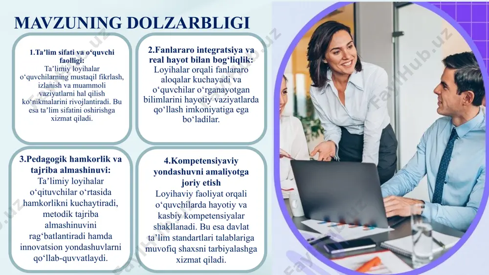 lika ta’lim markazi materiallari kompetensiyaviy yondashuv asosida o‘quvchilarda amaliy faoliyatga tayyorlikni shakllantirishda loyihaviy ta’lim uslubi zarurligi ta’kidlangan. полат е.с., бухаркина м.ю. “новая педагогическая и информационная технология в системе образования” москва, 2018 ta’limdagi zamonaviy texnologiyalar ichida loyihaviy faoliyat alohida o‘rin egallaydi. xususan, raqamli vositalardan foydalangan holda loyiha ishlarini tashkil etish misollar bilan tushuntirilgan. aqsh maktablarida o‘quvchilar muammoli holatlar asosida guruh bo‘lib ishlaydigan loyihalar orqali bilimlarni egallaydilar. har bir loyiha amaliy hayot bilan bog‘lanadi, masalan: atrof-muhit muammolari, sog‘lom turmush tarzi, ixtirolar kabilar. baholash yozma yoki og‘zaki taqdimot, loyiha natijasi asosida amalga oshiriladi. o‘quvchilar mustaqil fikrlash, birgalikda ishlash va muammoni hal qilish ko‘nikmalarini egallaydilar. buyuk britaniya maktablarida o‘quvchilarni mustaqil izlanishga yo‘naltiradigan loyihaviy ishlar keng qo‘llaniladi. loyiha mavzulari ko‘pincha turli fanlarni o‘zaro bog‘lagan holda tashkil etiladi, masalan: tarix va adabiyot, matematika va texnika kabi. loyiha yakunida o‘quvchi o‘z natijalarini sinf yoki kengroq auditoriyaga taqdim etadi. bu usul orqali o‘quvchilar chuqur fikrlash, ijtimoiy faol bo‘lish …