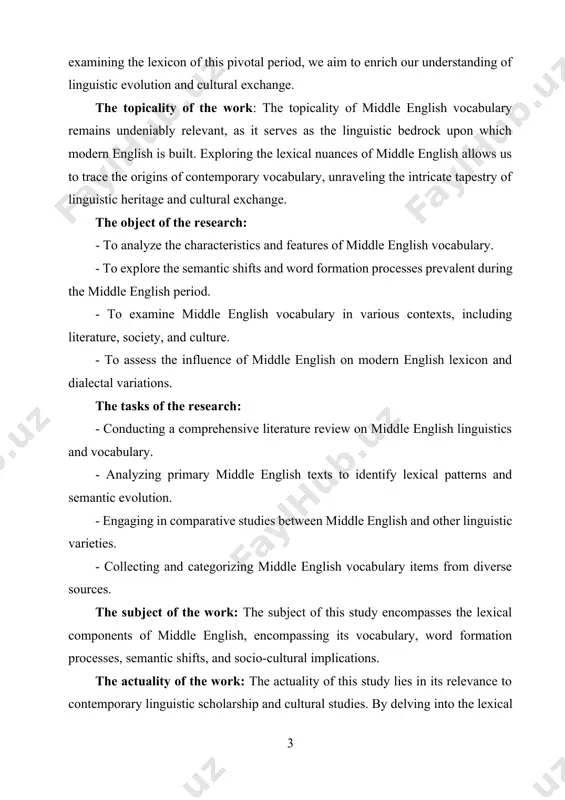 cal intricacies of middle english, we aim to contribute to ongoing discussions surrounding language evolution, cultural exchange, and historical linguistics. the novelty of the work: while middle english has been the subject of extensive scholarly inquiry, this study aims to offer a novel perspective by focusing specifically on its vocabulary. by synthesizing existing research and conducting original analyses, we seek to uncover new insights into the lexical landscape of the middle english period. the methods of the research: this study employs a multidisciplinary approach, drawing upon methodologies from historical linguistics, literary analysis, and sociolinguistics. methods include qualitative analysis of textual data, comparative studies, and theoretical frameworks from linguistics and cultural studies. the practical value of the work: understanding middle english vocabulary has practical implications for various fields, including language education, historical research, and literary studies. by gaining insights into the linguistic heritage of english, educators can enrich language curricula, while …