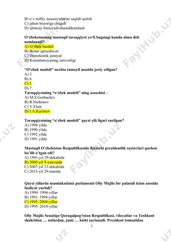 zning qaysi shaharlarida xalqaro logistika markazlari tashkil etilgan? a) olmaliq va namangan b) angren va navoiy c) toshkent va andijon d) samarqand va buxoro o‘zbekiston avtomobil transporti agentligi negizida o‘zbekiston respublikasi transport vazirligi qachon tashkil etildi? a) 2000 yil mayda b) 2005 yil yanvarda c) 2019 yil fevralda d) 2015 yil aprelda narx-navo umumiy darajasining oshishi, real tovarlar takliflariga nisbatan pul massasi ortib, pulning qadr-qimmati va xarid qobiliyatining pasayib ketishi iqtisodiyotda qanday ataladi? a) investitsiya b) divident c) biznes d) inflyatsiya iqtisodiyotda daromad keltiradigan yoki boshqa naf beradigan ho’jalik faoliyati; sohibkorlik-tijorat ishlari bilan shug’ullanish, pul topish maqsadida biror ish bilan band bo’lish qanday nomlanadi? a) investitsiya b) divident c) biznes d) inflyatsiya 1997 yil mamlakatimizda qanday yil deb e’lon qilingan edi? a) ijtimoiy himoya yili b) qariyalarni qadrlash yili c) oila yili d) inson manfaatlari yili o’zbekiston respublikasida birinchi bo’lib ta’sis etilgan ordenni toping. a) sog’lom avlod uchun b) o’zbekiston …