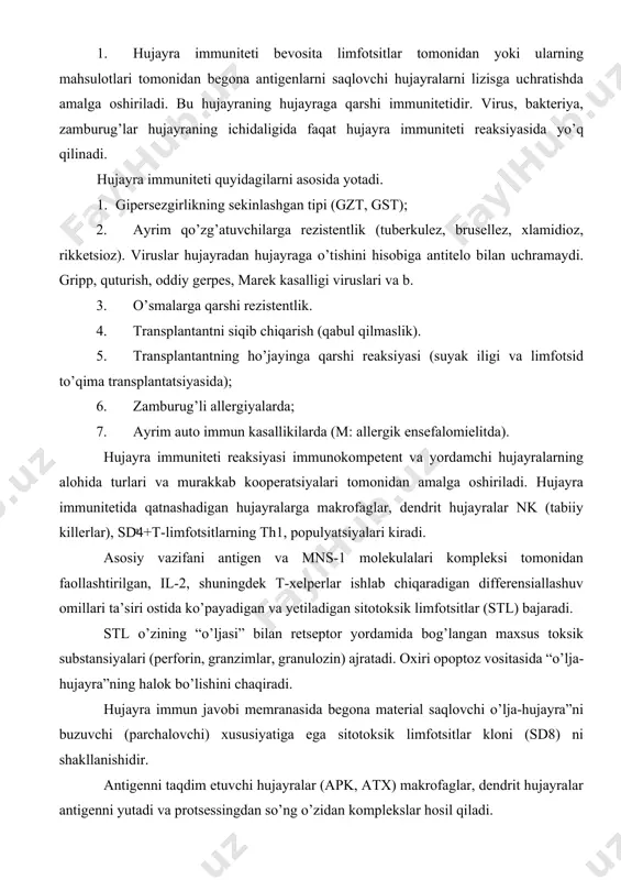 buzuvchi (parchalovchi) xususiyatiga ega sitotoksik limfotsitlar kloni (sd8) ni shakllanishidir. antigenni taqdim etuvchi hujayralar (apk, atx) makrofaglar, dendrit hujayralar antigenni yutadi va protsessingdan so’ng o’zidan komplekslar hosil qiladi. immun fagotsitoz fenomeni immun kompleks tarkibiga kirgan antigenlarni fagotsitlar tomonidan yutilishidir. bunda antigen - butun hujayralar, ularning bo’laklari, alohida molekulalari yoki agregatlari bo’lishi mumkin. immun fagotsitoz amalga oshishi uchun immunoglobulin molekulasi va (yoki) komplement, shuningdek fagotsit hujayrasining hujayra membranasida immunoglobulin va komplement komponentlari fc-qismiga retseptorlar bo’lishi lozim. retseptorlar fagotsit hujayralarga immun komplekslarni yoki opsonlangan antigenlarni tanib olish va qamrab olishini ta’minlaydi va ular keyin endotsitoz qilinadi. shunday qilib fagotsitlar organizmda antigenlarning eliminatsiyasi (chiqarib yuborilishi)da qatnashadi va uning gomeostazini tiklaydi. 2. immunologik xotira deganda organizmga qaytadan antigen kiritilganda tezkor immun reaksiya berish xususiyati tushuniladi. organizmda produktiv immun javob rivojlanishi jarayonida antigen reaktiv t- va v- limfotsitlarning bir qismi kichik tinch (uxlayotgan) hujayralarga aylanadi (immunologik xotira hujayralari). bu hujayralar aniq bir antigen determinantiga qarshi …