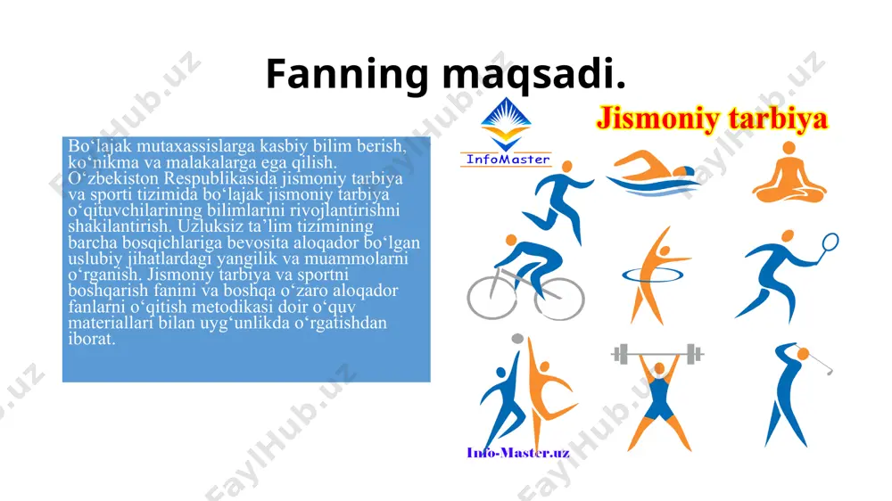 qo‘mitasi 7. sport maktablari va markazlari faoliyatini tashkil qilish 8. aholi turar joylarda ommaviy sog‘lomlashtirish va milliy o‘yinlarni tashkil qilish 9. o‘z - o‘zini boshqaruv tashkilotlarida jismoniy madaniyatni tashkil etish vazifalari 10. ixtisosli xodimlarni tayyorlash va ularning malakasini oshirish. 11.jismoniy tarbiya va sportni targ‘ibot va tashviqot qilish 12. boshqarish usullari 13. boshqarishning ijtimoiy-psixologik va pedagogik yo‘nalishlari 14.boshqarishning huquqiy asoslari 15.sport tashkilotlarida moliyalashtirish asoslari 16.sport tashkilotlarining menejmentlik faoliyatlari 17.sport tashkilotlarida marketing ishlarini tashkil qilish 18.sport tashkilotlarida tadbirkorlik faoliyatlari 19. xorijiy mamlakatlarda jismoniy tarbiya va sport ishlarini boshqarish 20. xalqaro sport harakatini tashkil qilish 8 adabiyotlar 1. d.g. onusova “jismoniy tarbiya tarixi va sportni boshqarish” toshkent-2019 2. abdumalikov r. eshnazarov j. jismoniy madaniyat va sport tarixi.1993 y. 3. yarashev k. d. “jismoniy tarbiya va sportni boshqarish” darslik t.: ibn sino 2002 y. image1.jpg image2.png image3.jpeg image4.jpeg image5.jpeg image6.jpeg image7.jpeg image8.jpeg image9.jpeg image10.jpeg /docprops/thumbnail.jpeg
