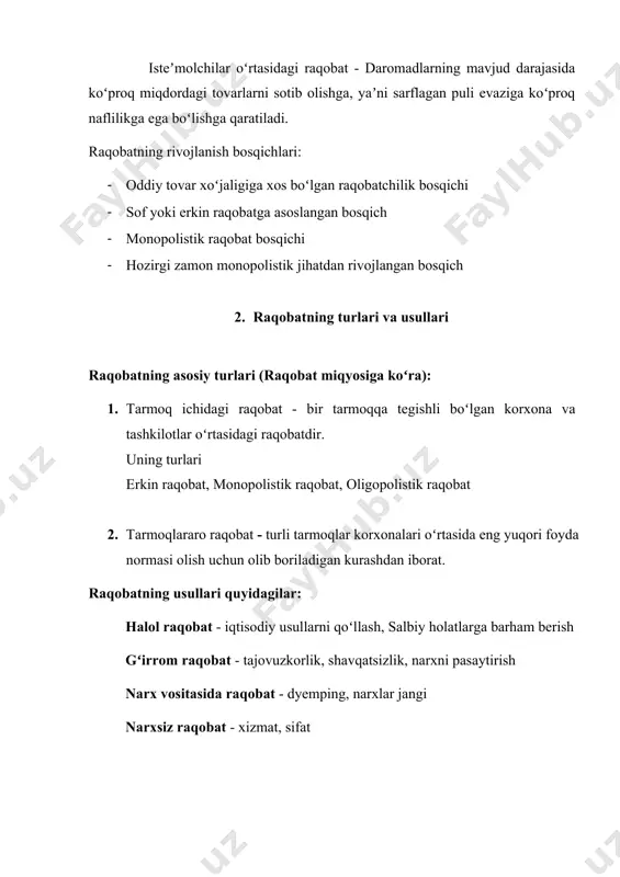 obat kurashida yutib chiqadi. 3. monopoliyalarning iqtisodiy asoslari va ularning turlari monopoliya - monopol yuqori narxlarni oʻrnatish hamda monopol yuqori foyda olish maqsadida tarmoqlar, bozorlar va yaxlit makroiqtisodiyot ustidan hukmronlikni amalga oshiruvchi yirik korxonalar (firma, korporatsiyalar) ning birlashmalari. monopoliyalarning moddiy asosi bu - ishlab chiqarishning, yaʼni ishlab chiqarish vositalari, ishchi kuchi hamda mahsulot ishlab chiqarish hajmining yirik korxonalar qoʻlida toʻplanishi hisoblanadi. buning asosiy sababi, olinayotgan foyda hajmining koʻpayishi. monopoliyalarning asosiy turlari: · bozorni qamrab olish darajasiga koʻra: sof monopoliya oligopoliya monopsoniya · vujudga kelishi sababi va tavsifiga koʻra: tabiiy monopoliya - korxonaning texnologik xususiyatlari sababli mahsulotga boʻlgan talabni qondirish raqobat mavjud boʻlmagan sharoitda samaraliroq amalga oshiriluvchi tovar bozorining holati. legal (qonuniy) monopoliya - bu qonuniy tarzda tashkil etiluvchi monopolistik holat. patent tizimi, muallif-lik huquqi, tovar belgilari sunʼiy monopoliya - monopol foyda olish maqsadida tashkil etiluvchi birlashmalarning shartli nomi. ularning hatti – harakatlari: · bozorga yangi raqiblarning kirib kelishiga yoʻl qoʻymaslik …