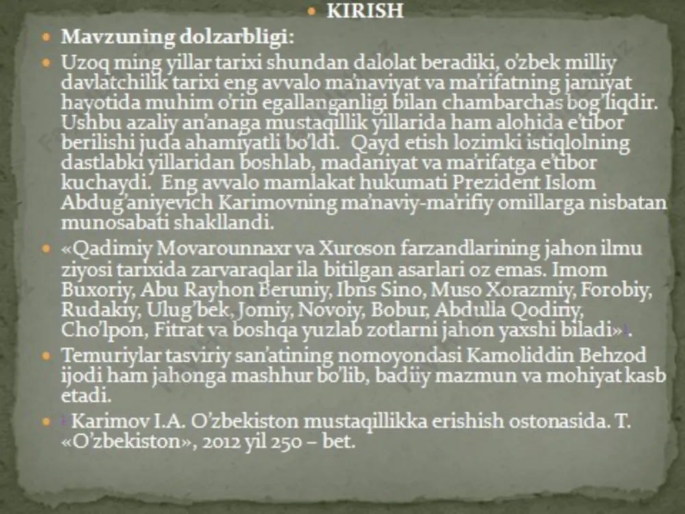 gilmas kuch. t.: 2008. karimov i.a. mamlakatimizda demokratik islohotlarni yanada chuqurlashtirish va fuqarolik jamiyatini rivojlantirish konsepsiyasi. t.: «o’zbekiston». 2010. karimov i.a. «ozod va obod vatan, erkin va farovon hayot-barpo etish pirovard maqsadimiz. toshkent. 2010. karimov i.a. o’zbekiston mustaqillikka erishish ostonasida. t. «o’zbekiston», 2012 yil 250 – bet. abdullayev a. norqulov m. miniatyura tarixidan lavhalar. t. 1970. история зарубежноко искусства. м. 2002. san’at. o’zbekiston badiiy akademiya jurnali. 2010. №4. etiboringiz uchun raxmat!!! image1.png image2.png image3.png image4.png image5.png image6.png image7.png image8.png