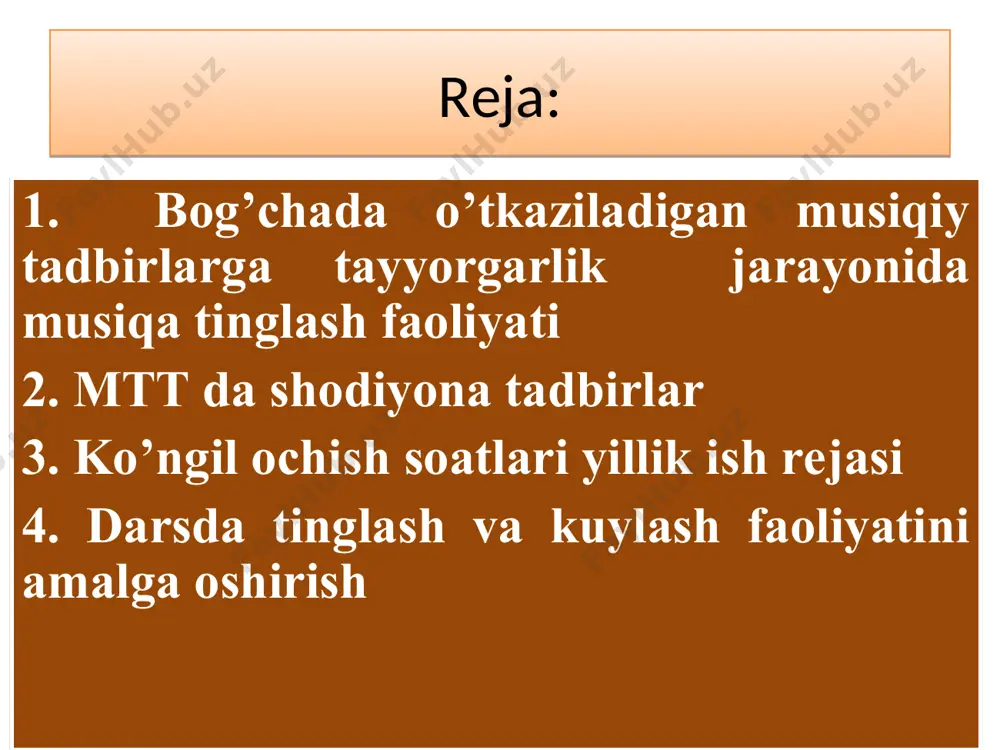 ko’rgazmalar, milliy urf-odatlar, kontsertlar, turli sayillar, bellashuvlar, muhim sanalar, askiya va hazil-mutoyibalar bolalar hayotiga quvonch baxsh etadi. shodiyona tadbirlar… bayramlarda, ko’ngil ochar kechalarda bolalar eshitgan va ko’rganlariga munosabat bildirish rivojlanadi, kattalar bilan hamkorlikda o’yin vaziyatlarini ijro etish mustahkamlanadi, har xil kasblarga qiziqishlari ortadi, turli vaziyatlarda bolalar o’z his-tuyg’ularini so’z va harakat bilan ifoda etish shakllanadi. tengdoshlari bilan birgalikda erishgan yutuqlari bilan quvonishga o’rganishadi. bayramlarda, ko’ngil ochar kechalar… maktabgacha tarbiya muassasida kuy va qo’shiqlarni to’g’ri tanlab o’rgatish tavsiya etiladi. shuni ta’kidlash kerakki, turli yoshdagi bolalar musiqa tarbiyasida izchillik, muntazamlik, jo’shqin kayfiyat, xilma-xil uslub, musiqa rahbarlari va tarbiyachilar uchun asosiy omil bo’lib xizmat qiladi. maktabgacha tarbiya tashkilotlarida… ilk yosh guruhi (25-30 daqiqa) 1.“kuz” bayrami 30.10. dan 05.11. gacha 2.“archa” bayrami 25.12 dan 31.12.gacha 3.“gullar” bayrami 01.05 dan 10.05.gacha ko’ngil ochish soatlari yillik ish rejasi “hosil” bayrami 30.10. dan 05.11 gacha “archa” bayrami 25.12 dan 31.12 gacha “navro’z” bayrami30.03 dan 10.04 gacha “gullar” …
