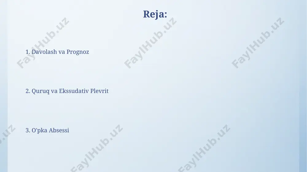 rlashuvi bilan bog'liq. o'pka ichidagi tromboembolik hodisalar, masalan, o'pka arteriyasining trombozi, o'pka to'qimalarining nekrozi va keyinchalik absses hosil bo'lishiga olib kelishi mumkin, bu holatlarning taxminan 5-10% ni tashkil etadi. davolash usullari (o'pka abssessi) o'pka abssesini davolashda 3-6 oy davomida davom etadigan uzun muddatli antibiotik terapiyasi va muntazam tibbiy kuzatuv talab qilinadi, bu to'liq tiklanishni ta'minlash uchun zarurdir. drenaj jarrohlik amaliyoti, masalan, torakostomiya, abssesni drenajlash va yiringni olib tashlash uchun qo'llaniladi, bu esa o'pka to'qimalarining shikastlanishini kamaytiradi va bemorning holatini yaxshilaydi. ekssudativ plevritning alomatlari ko'krak qafasi rentgenogrammalarida suyuqlik to'planishi (plevral effuziya) 200 ml dan ortiq bo'lganda aniq ko'rinadi va bu bemorlarda o'tkir ko'krak og'rig'i va quruq yo'tal bilan birga keladi. ekssudativ plevritda o'pka to'qimalarining siqilishi natijasida nafas qisishi, 37°c dan yuqori harorat va taxminan 10-15 mm suv ustuniga teng bo'lgan diafragma harakatining pasayishi kuzatiladi. ekssudativ plevrit nima? ekssudativ plevrit, plevral bo'shliqda 50 ml dan ortiq suyuqlik to'planishi bilan tavsiflanadigan yallig'lanish jarayonidir, …