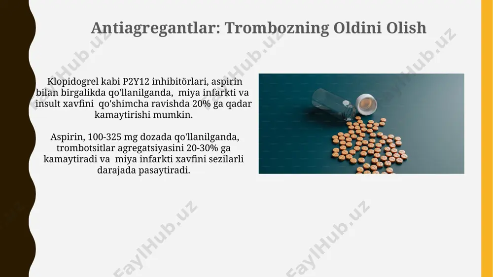 -darmonlarni qo'llash davomiyligi kasallikning og'irligiga bog'liq bo'lib, o'rtacha 5-10 yil davom etadi, ammo ba'zi hollarda umrbod davom etishi mumkin. angiotensin konvertatsiya fermentining (akf) ingibitorlari akf inhibitörlari yallig'lanish jarayonlarini susaytiradi, bu esa aterosklerozning asosiy mexanizmlaridan biri hisoblanadi. ular bradikinin va prostasiklin kabi vazodilatatorlarning faolligini oshiradi. angiotensin konvertatsiya fermenti (akf) inhibitörlari qon tomirlarining torayishini kamaytiradi, shu bilan qon bosimini taxminan 10-20 mm hg ga pasaytiradi va ateroskleroz rivojlanish xavfini qisqartiradi. fibrlar kislotalari: qo'llanilishi va ta'siri fibratlar ppar-alfa retseptorlariga ta’sir qilib, yog‘ kislotalarining oksidlanishini kuchaytiradi va shu orqali jigardagi yog‘ to‘planishini kamaytiradi, bu esa ateroskleroz rivojlanishiga to‘sqinlik qiladi. fibratlar qon plazmasidagi triglitseridlar miqdorini 20-50% ga kamaytirishi, shu bilan birga “yomon” ldl xolesterinni biroz pasaytirishi va “yaxshi” hdl xolesterin darajasini oshirishi mumkin. e'tiboringiz uchun rahmat @taqdimot_robot image1.jpg image2.jpg image3.jpg image4.jpg image5.jpg image6.jpg image7.jpg image8.jpg image9.jpg image10.jpg image11.jpg image12.jpg image13.jpg image14.jpg image15.jpg image16.jpg image17.jpg