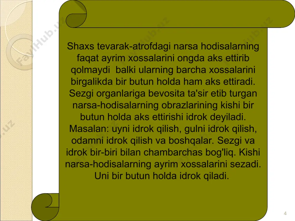 i. shuningdek, har bir idrok hukm shaklida ifodalanadi. ya'ni narsa yoki hodisaga nom beriladi, uni so'z bilan aytiladi mavjud tushuncha doirasiga kiritadi. masalan: "bu gul", bu mashina, "bu kitob" va boshqalar, * idrokning turlari. idrok klassifikatsiyasining asosi, sezgilardagi kabi, idrok jarayonida ishtirok qiluvchi analizatorlaring har xilligidir. idrok jarayonida qancha analizatorning yetakchilik qilishiga ko‘ra ko‘rish, eshitish, tuyush, kinestizik, hid bilish va ta’m bilish idroklari farqlanadi. idrokning sof holatdagi turlari ham uchraydi. odatda ular birlashib ketgan. bundag tashqari materiyaning yashash shakllariga ko‘ra ham idrok turlari, fazoni, vaqtni, harakatni idrok qilish aniqlanadi. * idrokning quyidagi turlarga ajratiladi: 1. fazoni idrok qilish. 2. vaktni idrok qilish. 3. harakatni idrok qilish. fazoni idrok qilish undagi narsalarning shaklini hajmini va o'zaro munosabatlarini aks ettirishdir. demak, fazodagi narsalar uch o'lchovda idrok qilinadi, narsalarning shakli: uch burchakli, to'rt burchakli, kub kvadrat doira, konus va boshqalar. narsalarning hajmi katta kichik, o'rtacha, yirik mayda va boshqalar. narsalarning bir-biriga va idrok …