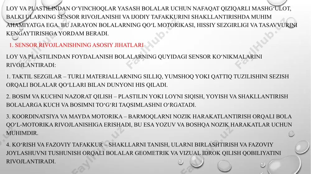 bolalarni muloqotga, hamkorlikka va o‘z g‘oyalarini tushuntirishga o‘rgatadi. hikoya qilish va voqealar yaratish qobiliyatlari rivojlanadi (masalan, hayvonlar, odamlar yoki ertak qahramonlarini yasash orqali). 3. loy va plastilindan yasash bo‘yicha amaliy mashg‘ulotlar 3.1. oddiy shakllardan boshlash bolalar birinchi bosqichda doira, kvadrat, uchburchak kabi oddiy shakllarni yasashni o‘rganishi mumkin. keyinchalik ulardan hayvonlar, gullar yoki mashinalarni yaratish uchun foydalanish mumkin. 3.2. hayvonlar va o‘yinchoqlar yasash mushuk, it, qush yoki baliq kabi oddiy hayvonlarni shakllantirish. bola ularni o‘ziga xos qilib bezashi (ko‘z, tumshuq, quloqlar) va ular haqida hikoya qilishga o‘rgatiladi. 3.3. ertak qahramonlarini yaratish bolalar o‘zlariga yoqqan qahramonlarni yasash orqali ertaklar yaratishi mumkin. bu ular uchun ijodiy ifodalanish va hikoya tuzish imkoniyatini oshiradi. 3.4. hissiyotlarni ifodalash turli yuz ifodalarini yasash orqali bolalar his-tuyg‘ularni ifodalashni o‘rganadilar (masalan, xursand, xafa, hayron bo‘lgan yuzlar). 5. sensor rivojlanishning chuqur ta’siri bolalar plastilin yoki loy bilan ishlash jarayonida quyidagi qo‘shimcha sensor ko‘nikmalarini shakllantiradilar: 5.1. harorat va tekstura sezgisi loy …