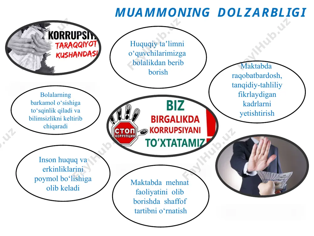 dini olishga katta e’tibor qaratiladi. shu yo‘l bilan korrupsiya darajasini pasaytirishga va jamiyatdagi ishonchni oshirishga harakat qilinadi. maktabda o‘quvchilar o‘rtasida “ kuch adolatda va birdamlikda”nomli bahs-munozara kechalarini tashkil etish.”ikkinchi yo ‘l botqoqqa yetaklaydi”amaliy mashg ‘ulotlarini qo‘llash maktab radeouzelida”halollik vaksinasi’’nomli huquqiy savodxonlik ni oshirish maqsadida axborotlar eshittirib borish maktabda korrupsion jinoyatchilarga nisbatan salbiy fikrni shakllantirish keys testlardan foydalanish o‘zbekiston xorijda taklif qiyosiy tahlil qilinganligi xulosa ta’limdagi korrupsiyani bartaraf etish uzoq va murakkab jarayon bo‘lib, bu jarayonda har bir tomonning o‘z vazifasi bor. shaffoflik, hisobdorlik va axloqiy qadriyatlarni targ‘ib qilish orqali ta’lim tizimida sog‘lom muhit yaratish mumkin: ta’limda korrupsiyani oldini olish uchun qonunchilikni takomillashtirish, shaffoflik va hisobdorlikni oshirish, etika qoidalarini kuchaytirish va jamoatchilik nazoratini mustahkamlash kerak: ota-onalar va jamoatchilik bilan hamkorlikda shaffof munosabatlarni o‘rnatish maktabda vm ning 2021-yil 27-apreldagi 243-sonli,2019-yil 22-apreldagi 343-sonli qarorlarini tizimli yo‘lga qo‘yish taklif huquqiy taʼlimni o‘quvchilarimizga bolalikdan berib borish maktabda korrupsion holatlarga olib boruvchi omillarni bartaraf etishga doir …