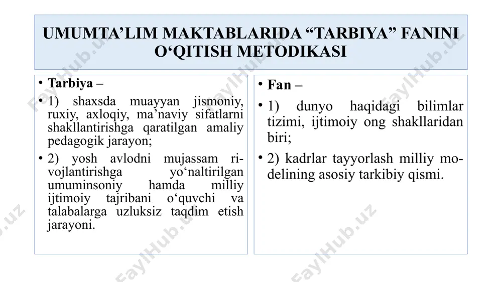 illarda respublika oliy ta’lim muassasalarining «boshlang‘ich ta’lim», «tarix» (mamlakatlar va mintaqalar bo‘yicha), «tarix o‘qitish metodikasi», «filologiya va tillarni o‘qitish: o‘zbek tili», «o‘zbek tili va adabiyoti», «milliy g‘oya, ma’naviyat asoslari va huquq ta’limi», «pedagogika va psixologiya», «dinshunoslik» va islomshunoslik (islom tarixi va manbashunosligi)», «psixologiya (din sotsiopsixologiyasi)» ta’lim yo‘nalishlari bitiruvchilariga umumiy o‘rta ta’lim maktablarida «tarbiya» fanini o‘qitish huquqi berilishi yuzasidan zarur choralarni ko‘rsin va mazkur ta’lim yo‘nalishlari o‘quv rejalariga 2020/2021 o‘quv yilidan boshlab tegishli o‘zgartirishlar kiritish; iqtisodiy taraqqiyot va kambag‘allikni qisqartirish vazirligi bilan birgalikda bir oy muddatda umumiy o‘rta ta’lim maktablarida «tarbiya» fanini o‘qitish uchun kadrlar tayyorlanadigan yangi ta’lim yo‘nalishi yuzasidan vazirlar mahkamasiga asoslangan takliflarni kirish topshirildi. umumiy o‘rta ta’lim muassasalarida “tarbiya” fani 1-9-sinflarda haftasiga 1 soatdan, o‘quv yili davomida esa 34 soat o‘qitiladi. shuningdek, o‘qituvchilar uchun “tarbiya” fani bo‘yicha darslarni tashkil qilish yuzasidan zamonaviy yondashuvlar o‘rin olgan uslubiy qo‘llanma ishlab chiqildi “tarbiya” fanining o‘quv dasturi va darsliklarida vatanparvarlik,tadbirkorlik, irodalilik, mafkuraviy immunitet, …