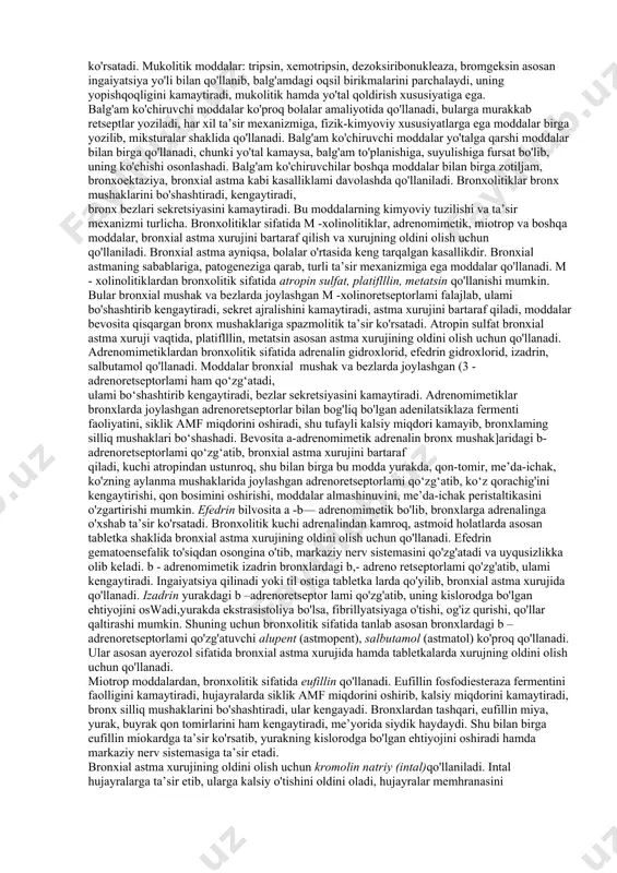 shqa analeptiklarga nisbatan kam zaharli hisoblanadi. o'zi nafas markazini qo'zg'atuvchi modda bo'lsa ham ayrim miqdorlari miya po'stlog'iga tinchlantiruvchi ta’sir ko'rsatadi. yuqorida keltirilganidek, etimizol tufayli gipofizdan aktg ajralib, buyrak usti bezlarida glyukokortikoidlar hosil bo'lishini oshiradi. glyukokortikoidlar etimizol eufillin, etilmorfin gidroxlorid, kodein fosfat libeksin esa yangi tug'ilgan chaqaloqning yangi sharoitga moslashishiga yordam beradi, o'pkada surfaktant hajmini oshirib, alveolalami rostlaydi, puchayishiga yo'l qo'ymadi. etimizol hujayralarda siklik amf miqdorini oshiradi, siklik amf esa to'qimalar uchun quwat manbai hisoblanadi. reflektor ta’sir ko'rsatuvchi analeptiklar: lobelin va sititon carotid sinusda joylashgan h - xolinoretseptorlami qo'zg'atib, afferent tolalardan refleks yo'li bilan impulslar nafas markaziga o'tib, uni qo'zg'atadi. lobelin, sititon faqat venaga yuboriladi, ta’siri tezda boshlanib, nafas tezlashadi hamda chuqurlashadi. agar birinchi marta yuborilganda ta’sir ko'rsatmasa, ulami takroran yuborishning foydasi yo'q bo'ladi. aralash ta’sir mexanizmiga ega moddalar: kordiamin, kamfora, sulfokamfokain, uglekislota bevosita nafas markazini qo'zg'atadi, ulardan kordiamin, uglekislota sinokarotid sohada joylashgan xemoretseptorlami qo'zg'atib, nafas markazi qo‘zg‘aluvchanligini va sezuvchanligini reflektor …