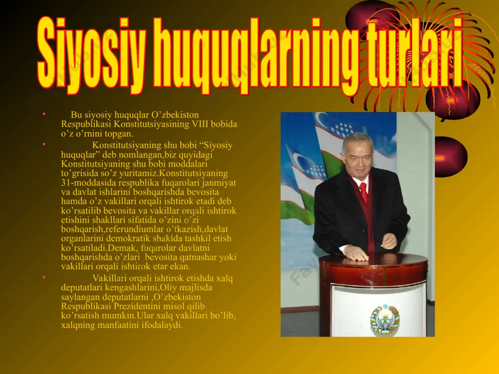 lar,namoyishlar, yig’ilislar shu tadbirda ishtirok etuvchilar yoki umuman boshqa fuqarolarning manfaatiga, xavfsizligiga,jamoat tartibiga xavf tug’dirmasligi kerak.agar miting, namoyish, yig’ilish natijasida transport harakati to’xtab qolsa,jamoat mulki zarar ko’rsa,boshqa fuqarolar shu yerlarda erkin yura olmasa, bunday holda bunday tadbirlarni o’tkazishga yo’l qo’yilmaydi.bu fuqarolarning huquqini cheklash emas, aksincha, ularning manfaatini, xavfsizligini himoya qilishdir.bu konstitutsiyaning 20- moddasidagi “fuqarolar o’z huquq va erkinliklarini amalga oshirishda boshqa shaxslarning davlat va jamiyatning qonuniy manfaatlari, huquqlari va erkinlilariga putur yetkazmasliklari shart”degan qoidaga to’la mos keladi. “fuqarolar va siyosiy huquqlar to’grisidagi xalqaro pakt”ning(bu bmt tomonidan qabul qilingan xalqaro hujjat) 21- moddasiga yozib qo’yilgan: “osoyishta yig’ilishlar o’tkazish e’tirof e’tiladi.bunday huquqdan foydalanish yo’liga hech qanday to’siq qo’yilmasligi kerak.qonun bilan belgilab qo’yilganlari va demokratik jamiyatda davlat va jamiyat xavfsizligi ,jamoat tartibi uchun zarur bo’lganlari aholining sog’ligini va axloq odobini saqlash uchun va boshqa shaxslarning huquqlari va erkinliklarini muhofaza etish uchun zarur bo’lganlari bundan mustasnodir” so’zlari ham o’zbekiston konstitutsyasida belgilangan tartibga mos keladi. …
