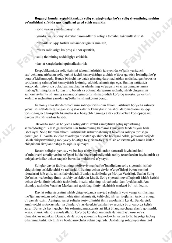 ekiston respublikasi soliq kodeksi bilan mustahkamlangan bo’lib, unga muvofiq respublikamiz soliq tizimida amal qiladigan har bir soliq turi u yoki bu byudjetga tushishi qat`iy belgilab qo’yilgan. shuningdek, vazirlar mahkamasining qaroriga muvofiq ayrim umumdavlat soliqlari mahalliy byudjetlarga to’liqligicha biriktirilishi yoki ulardan tushumlar respublika va mahalliy byudjetlar o’rtasida taqsimlanishi mumkin. ushbu tizim bir necha yillardan buyon mahalliy byudjetlar kamomadini bartaraf etish maqsadida amaliyotda samarali qo’llanilib kelinmoqda. shu o’rinda yuridik shaxslarni soliqqa tortishning muhim tartiblariga alohida to’xtalib o’tish zarur. respublikamiz soliq qonunchiligida hozirgi vaqtda soliqqa tortishning umumbelgilangan tizimi bilan bir qatorda, amaldagi barcha soliqlar o’rniga yagona soliqni to’lashni ko’zda tutuvchi soliqqa tortishning alohida tartiblari ham mavjud. bu tartib quyidagilar uchun ko’zda tutilgan: · savdo va umumiy ovqatlanish korxonalari; · soddalashtirilgan soliqqa tortish tizimidan foydalanayotgan kichik tadbirkorlik sub`yektlari; · qishloq xo’jaligi tovarlari ishlab chiqaruvchi korxonalari; · lotoreyalar, totalizatorlar va tavakkalchilikka asoslangan boshqa o’yinlarni o’tkazishga ixtisoslashgan yuridik shaxslar; · tadbirkorlik faoliyatining alohida turlari bilangina shug’ullanuvchi …
