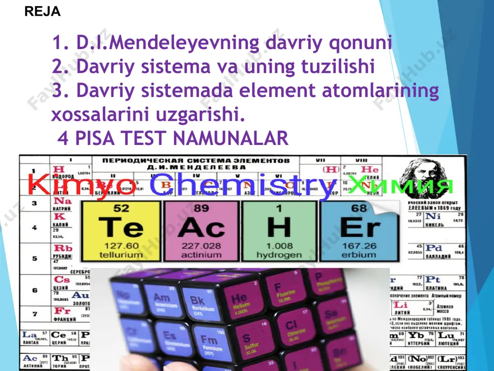 g oktavalar qonunini kashf etdi. u elementlarni ularning atom og'irliklari ortib borish tartibida bir qatorga joylashtirganda, xar qaysi sakkizinchi element uz xossalari bilan birinchi elementga o'xshash bo'lishini kurdi. bu tartib muzika notasidagi gammalar kabi takrorlandi. nemis olimi lotar meyer 1864 yilda uz sistemasini ishlab chikdi. u 27 ta elementni valentliklariga qarab olti gruppaga bo'ldi. u uz asarini "atom og'irliklarning son bilan ifodalanadigan kiymatlarida biror qonuniyat borligiga shubxa bo'lishi mumkin emas" degan ibora bilan tugatdi. meyer o'zining ikkinchi makolasida (uning makolasi mendeleyev makolasidan keyin nashr kilingan edi) elementlarning solishtirma xajmlari davriy ravishda uzgarishini (ya'ni bir necha elementdan keyin kaytarilishini) kashf etdi. bu kashfiyot katta axamiyatga ega bo'ldi,lekin davriy qonunni ta'riflash uchun yetarli emas edi. d.i.mendeleyevdan oldin olib borilgan ishlarning xech birida kimyoviy elementlar orasida o'zaro uzviy bog'lanish borligi topilmadi. xech kim elementlar orasidagi o'xshashlik va ayirmalar asosida kimyoning muxim qonunlaridan biri turganligini d.i.mendeleyevgacha kashf etolmadi. chukur ilmiy bashorat va ilmiy izlanishlar …