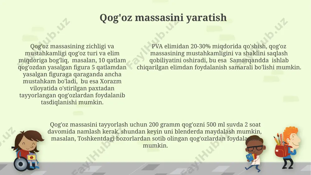 yatini beradi. bezash texnikasi andijon viloyatining hunarmandlari orasida 100 yildan ortiq vaqtdan beri qo‘llanilib kelinmoqda va ular bu usulda 200 dan ortiq turdagi o‘yinchoqlar yasashadi. lak bilan qoplash lak bilan qoplash jarayonida 2-3 qatlam lak qoʻllash, ayniqsa, namlikka chidamli boʻlishi uchun, nam iqlim sharoitida, masalan, toshkentdagidek, muhimdir. lakni yupqa qatlamlar bilan surtish, 12 soat oraligʻida 2-3 marta takrorlash, natijada silliq va yorqin sirt hosil qilishga yordam beradi, bu esa oʻyinchoqlarning koʻrinishini yaxshilaydi. lakni yupqa qatlamlar bilan surtish, 12 soat oraligʻida 2-3 marta takrorlash, natijada silliq va yorqin sirt hosil qilishga yordam beradi, bu esa oʻyinchoqlarning koʻrinishini yaxshilaydi. kutilmagan natijalar 100 grammli qog'ozdan tayyorlangan yirik hayvon shaklidagi papier-mache o'yinchoqlarning quritish vaqti 12 soatgacha cho'zilishi mumkin, bu esa andijon viloyatining hunarmandchilik markazlarida kuzatilgan. papier-mache o'yinchoqlarni yasashda 5-7 yoshli bolalar uchun 20 dan ortiq turli xil shakllarni yaratish mumkin, masalan, toshkentdagi maktabda o'tkazilgan master-klassda ko'rsatilganidek. quruq vaqtni hisobga olgan holda, 15-20 grammli qog'ozdan …