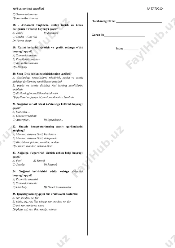 - (alt+backspace) 11. bekor kilingan axborotni qayta tiklash buyrug’i qaysi? a) povtorit vvod - (f4) b) kopirovat (ctrl+ins) c) sozdat - (ctrl+n) d) otmenit vvod (alt+backspace) 12. mexanik mashinalar davri qaysi yillarni o’z ichiga oladi? a) 1592-1636 y.y b) 1820-1910 y.y c) to’g’ri javob yo’q d) 1623-1645 y.y 13. xisoblash texnikasi qaysi davrlarni o’z ichiga oladi? a) mexanik mashinalargacha va mexanik mashinalar davri, elektromexanik mashinalar va elektron hisoblash mashinalar davri- b) elektromexanik mashinalar va elektron hisoblash mashinalar davri c) mexanik mashinalar va elektron hisoblash mashinalar davri d) mexanik mashinalargacha va mexanik mashinalar davri 14. birorta tilni tanlash, qo’yish buyrug’i qaysi? a) vosstanovit povrejdenniy tekst... b) nastroyka.. c) pravopisanie...(f7) d) yazik... 15. birorta tilda yozilgan axborotni xatosini tekshirish buyrug’i qaysi? a) pravopisanie...(f7) b) parametri... c) yazik... d) nastroyka.. 16. 95. sonli jadval ko‘rinishida berilgan axborotlarni ko‘rgazmali namoyish etish usuliga nima deb aytiladi? a) elektron jadval b) ob’ekt c) diagramma d) ichki …