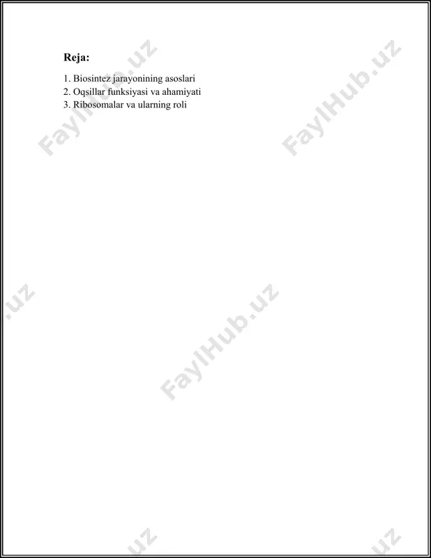 jarayonining energetik jihatlari: biosintezning energetikasi asosan adenozin trifosfat (atp) tomonidan qollanadi. masalan, bir molekula glukozaning sintezida koplab atp molekulalari talab etiladi. ayniqsa, oqsillar sintezidagi elongatsiya bosqichida har bir peptid boglanishi uchun taxminan 4 ta atp ekvivalent energiya sarflanadi. biosintezning bioregulyatsiyasi: biosintez jarayonlari koplab darajalarda tartibga solinadi. enzimlar faoliyatini tartibga solishning umumiy usullari qatoriga allosterik nazorat, kooperativlik va kovalent modifikatsiyalar kiradi. masalan, birikmalarning konsentratsiyasi ortishi bilan fermentsintetik yollarning inhibitatsiyasi ushbu jarayonning muhim qismlaridan biridir. biosintezda ishtirok etuvchi muhim fermentlar va kofaktorlar: kofaktorlar - bu otkinchi elementlar yoki birikmalar bolib, fermentlar faoliyatini hisobga oladi. masalan, koplab biosintez reaksiyalari sirt iyann nadh yoki fadh2 kabi elektron donorlari orqali energiya taminlaydi. xulosalar: biosintez jarayoni tiriklik dunyosining muhim komponenti bolib, bu jarayonlar orqali biologik tizimlar hayotini saqlanib qoladi va rivojlanadi. har bir biologik molekulaning oziga xos biosintez usuli bor, bunda dnkdan etkazilgan genetik axborot aniq ravishda sintezlanadigan strukturaga aylantiriladi. ushbu jarayonlarda atp katta energiyani taminlaydi, …