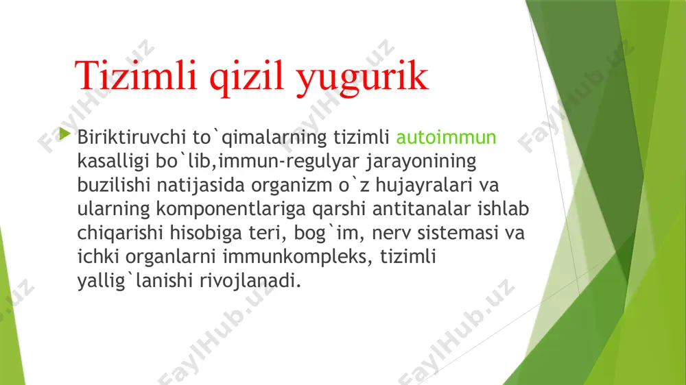 iii. surunkali: 1)qaytalanuvchi poliartrit yoki serozit 2)diskoidli qizil yugurik sindromi 3)reyno sindromi 4)verlgof sindromi 5)epilepsiya sindromi tasnifi faolligi bo`yicha i. faol bosqichi yuqori (3-daraja) yengil (2-daraja) minimal (1-daraja) ii. nofaol bosqichi (remissiya) zararlanishning klinik - morfologik tasnifi teri –ekssudatli eritema, diskoidli yugurik,kapilyar purpura bo`g`im- artralgiya, poliartrit buyrak – diffuz glomerulonefrit yurak – miokardit, endokardit, mitral klapan yetishmovchiligi o`pka – pnevmonit, pnevmoskleroz nerv tizimi – ensefalonevrit, polinevrit klinikasi katta uchlik simptomi dermatit poliartrit poliserozit terining zararlanishi yuzdagi kapalak eritema vaskulit diskoidli yugurik fotodermatit alopetsiya to’rsimon livedo shilliq qavatlar zararlanishi: xeylit, stomatit yuzdagi kapalak eritema vaskulit diskoidli yugurik fotodermatit alopetsiya alopetsiya to’rsimon livedo shilliq qavatlar zararlanishi: xeylit, stomatit 20 bo’g’imlar zaralanishi artralgiya lyupus artrit buyrakning zararlanishi lyupus nefrit yurakning zararlanishi perikardit miokardit endokardit libman saks- endokarditi perikardit o’pkaning zararlanishi lyupus pnevmonit pnevmoskleroz diagnostika katta belgilar: kapalaksimon toshma lyupus nefrit lyupus artrit pnevmonit le hujayralari aniqlanishi gemolitik anemiya dnk qarshi antiteloni aniqlanishi kichik …