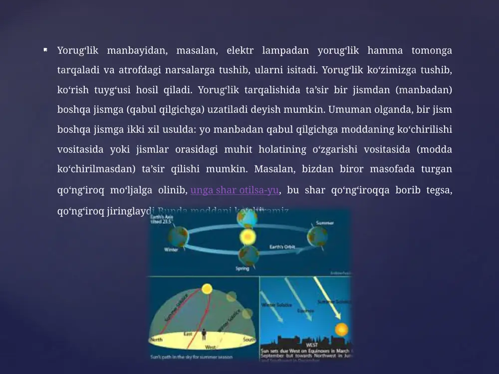 ylab tarqalishi inersiya qonunining natijasi deb qaralar edi. yorug‘likning tabiati to‘g‘risidagi bunday nomuqim ahvol xix asrning boshigacha, yorug‘lik difraksiyasi (yorug‘likning to‘siqlarni aylanib o‘tishi) va yorug‘lik interferensiyasi (yorug‘lik dastalari bir-biri ustiga tushganda yoritilganlikning kuchayuvi yoki zaiflashuvi) hodisalari kashf etilgan vaqtgacha davom etib keldi. bu 1 lotincha „korpuskula“ „ korpuskula zarracha“ zarrachazarracha demakdir. kutubxonasi 6 hodisalar faqat to‘lqin harakatlar uchun xos. ularning sababini korpuskular nazariya asosida izohlab bo‘lmaydi. shu sababli to‘lqin nazariya uzil-kesil va to‘la g‘alaba qilgandek bo‘ldi. bunday ishonch xix asrning ikkinchi yarmida maksvell yorug‘lik elektromagnit to‘lqinlarning xususiy holi ekanligini ko‘rsatgandan keyin ayniqsa mustahkamlandi. maksvellning ishlari yorug‘likning elektromagnit nazariyasiga asos bo‘ldi. gers elektromagnit to‘lqinlarni tajribada aniqlagandan keyin yorug‘likning to‘lqin kabi tarqalishiga hech qanday shubha qolmadi. bunga hozir ham shubha yo‘q. ammo xx asr boshida yorug‘likning tabiati to‘g‘risidagi tasavvurlar tubdan o‘zgardi. rad etilgan korpuskular nazariya har holda haqiqatga yaqin ekanligi to‘satdan ma’lum bo‘lib qoldi. yorug‘lik xuddi zarrachalar oqimi kabi sochiladi va yutiladi. …