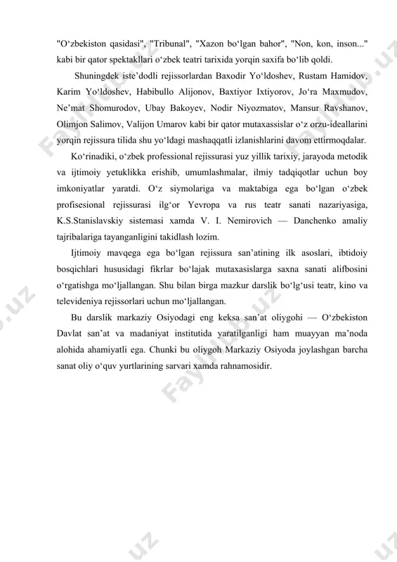 azkur darslik bo‘lg‘usi teatr, kino va televideniya rejissorlari uchun mo‘ljallangan. bu darslik markaziy osiyodagi eng keksa san’at oliygohi — o‘zbekiston davlat san’at va madaniyat institutida yaratilganligi ham muayyan ma’noda alohida ahamiyatli ega. chunki bu oliygoh markaziy osiyoda joylashgan barcha sanat oliy o‘quv yurtlarining sarvari xamda rahnamosidir. adabiyotlar: 1. arastu. poetika. axloqi kabr – t.: yangi asr avlodi, 2011. 2. k.s. stanislavskiy san’atdagi hayotim –t.: g‘.g‘ulom nomidagi adabiyot va san’at nashriyoti, 1965. 3. k.s.stanislavskiye va v.i.nemirovich-dakchenkonnng barcha mavjud asarlari. 4. b.almosva, a. bassexes, v. peter, n.v.gilyarovskaya. a.y.g‘oyaovin. i.y.grsmnslevskiy, v.v.dmitriyev, v.m.kruchin-bog‘danov, v.i.myuller, v.f.gindin. f.sirkin. v. shverubovich, m.n.etkina va kabi teatrrassomlar va tadqiqotchilarning teatrrassomlari xakidagi asarlari. 5. l. i. v. badanov, v. s. barkov, g. b. barmsh, a. a. barannikov. l.nerner, g.a.zayachiy. a.a.kossakovskiy, v.i.popoch. n.n.sosunov kabi mutaxassis va tadqiqotchilarning sahnatexnikasi va butaforiyalarga oid asarlari. 6. r. shidlovskin, a.g.obrazno, a.v.bartoshsvnch, g. v. makarova, l.i.petelman. q.rudnnikiy kabi birqator olimlarning chet el rojissurasi xaqidagi asarlari. 7. …
