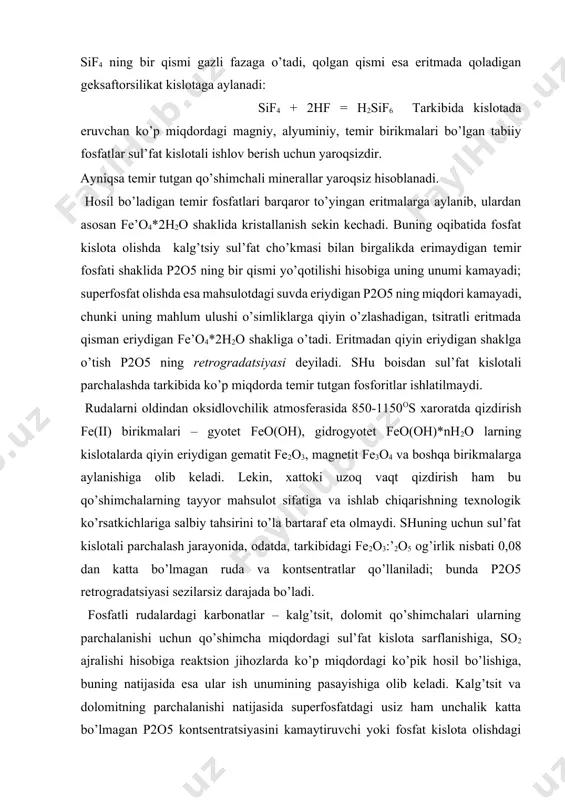 yishiga olib keladi. kalg’tsit va dolomitning parchalanishi natijasida superfosfatdagi usiz ham unchalik katta bo’lmagan p2o5 kontsentratsiyasini kamaytiruvchi yoki fosfat kislota olishdagi tashlandiq gips miqdorining oshiruvchi qo’shimcha miqdordagi kalg’tsiy sul’fat hosil bo’ladi. rudani kuydirish natijasida karbonatlar parchalanadi va so2 yo’qotiladi. shuning uchun kuydirilgan ruda ishlatilganda ko’piklanishning oldi olinadi. ko’piklanishni birdaniga kamaytirishning boshqacha usuli, bu reaktorga uzatiluvchi rudalarni tashish moslamalari (shnek yoki lentali transportyor) da uncha ko’p miqdorda bo’lmagan sul’fat yoki fosfat kislotalar bilan namlash hisoblanadi. bunda karbonatlarning asosiy qismi parchalanib bo’ladi. rudalarni kislotali parchalanishida uning tarkibidagi magniy birikmalari xom ashyoni yuqori parchalanish darajasiga erishishda to’sqinlik qiluvchi va olinadigan mahsulot sifatini yomonlashtiruvchi suvda eruvchan magniy sul’fat va fosfatlariga aylanadi. shuning uchun tarkibida ko’p miqdorda magniy tutgan xom ashyodan uni kimyoviy boyitish orqali yo’qotish lozimdir. tabiiy fosfatlarni sul’fat kislotali parchalash jarayonining texnologik parametrlarini tanlash uchun caso4 – h3’o4 – h2o sistemasining xossasi asos hisoblanadi. bunda kalg’tsiy sul’fat uch xil: bitta suvsiz (angidrit saso4) …