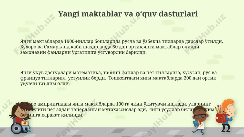 sturiga jahon adabiyoti, geografiya va tarixning yangi tushunchalari kiritilishi bilan, 300 dan ortiq o'qituvchi o'z bilimlarini yangilab, zamonaviy pedagogika usullarini qo'llashga harakat qildi. mashhur jadidchilar va ularning hissalari munavvarqori abdurahimov (1860-1910) turkistondagi islomiy islohotlar tarafdori bo‘lib, 50 dan ortiq asarda diniy ta'limning yangilanishiga oid fikrlarini bayon qilgan. cho‘lpon (1897-1938), toshkentda tug‘ilib o‘sgan, adabiyot sohasida 200 dan ziyod asar yaratgan jadidchi shoir va yozuvchi bo‘lib, milliy uyg‘onishga katta ta’sir ko‘rsatgan. islombek g‘afurov (1880-1930), samarqandda tug‘ilib, zamonaviy ta’lim va matbaa rivojiga 30 dan ortiq maktab va jurnal ochish orqali katta hissa qo‘shgan jadidchi ziyoliy edi. islom dinining yangi talqini jadidchilik harakati 300 dan ortiq maktab ochish orqali ta'lim tizimini isloh qilishga, arab yozuvini soddalashtirishga va dunyoviy fanlarni o'qitishga urinib ko'rdi. yangicha talqin qilingan islom ta'limi, ayniqsa, ayollar ta'limi sohasida sezilarli yutuqlarga erishdi, 20-asr boshlarida qizlar maktablari soni sezilarli darajada oshdi. islom dinining yangi talqini 19-asr oxiri va 20-asr boshlarida turkiston, buxoro va …