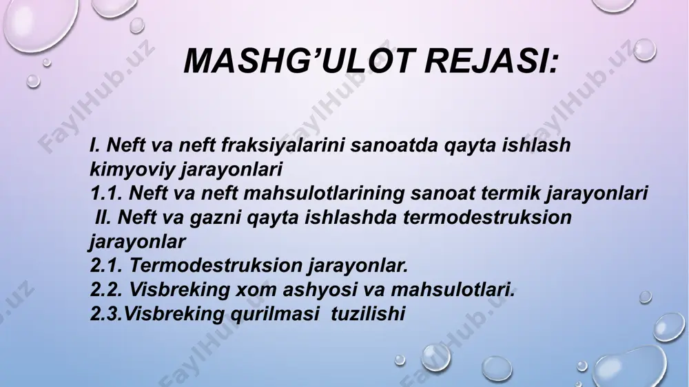 zomerizatsiya, gidrotozalash, gidrokreking, kokslash, piroliz, benzolni alkillash, izoparafin uglevodorodlarni alkillash, degidrirlash, oksidlash, polimerizatsiya va boshqalar. neft va neft mahsulotlarining sanoat termik jarayonlari 8 termik jarayonlarni olib borish sharoitiga qarab xomashyo turli agregat holatda bo`lib qolishi mumkin. piroliz jarayonida reaksiyalar gaz fazada amalga oshiriladi, neft qoldiqlarini kokslash jarayoni esa suyuq fazada ketadi, og`ir xomashyoni termik krekingida esa gaz va suyuq fazalar birgalikda mavjud bo`lishi mumkin. termik kreking. 10 neftni qayta ishlash og`ir qoldiqlarini termik krekingi quyidagi mahsulotlar olish uchun amalga oshiriladi: avtomobil benzini (hozirda ushbu jarayon eskirgan); qurum ishlab chiqarish uchun xomashyo bo`lgan yuqori aromatlashtirilgan gazoyl; koks ishlab chiqarish uchun kreking qoldiq; kam qovushqoqlikka ega bo`lgan mazut yoqilg`isi . jarayon 470-5300c, 2-7mpa bosimda olib boriladi. avtomobil benzinini olish uchun xom ashyo sifatida nisbatan yengil neft (200-3500c) fraksiyalari ishlatiladi. kam qovushqoqlikka ega bo`lgan qozon yoqilg`isi hamda qurum va koks olish xomashyosi sifatida neft qoldiqlari bo`lmish yarim gudron va gudronlar xizmat qiladi. (200-3500c) …