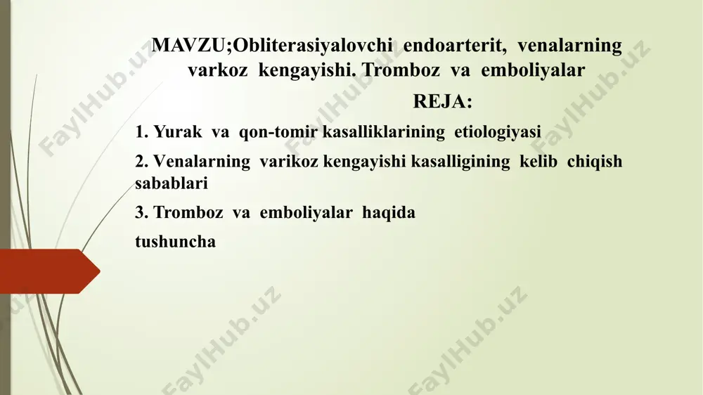 i, yohud yurak urishi ritmining buzilishi(tebranma aritmiya) tufayli paydo bo'ladigan yurak qorinchasidan kelib chiqadi havo pufakchalari, moy tomchilari yoki boshka zarrachalar ham qon tomirini berkitishi - embol bo'lishi mumkin. embollar ko'pincha arteriyalar tarmoklanadigan joylarda (bu yerlarda asosiy kon tomirdan yonbosh tarmoqlari tarqaladi) tiqilib qoladi klinik manzarasi. o'tkir ishemik og'riqlar paydo bo'ladi, ular hatto morfin va boshqa og'riq qoldiruvchi vositalar ta'sirida ham bir oz kamaymaydi. zararlangan ko'l yoki oyoq oqaradi, muzlaydi. periferik arteriyalarda tomir urishi sezilmaydi, venaning to'lik urishi pasayadi davosi. zararlangan ko'l yoki oyokdagi kon aylanishini tiklash uchun shoshilinch operatsiya - embolektomiya kilish zarur. operatsiya nekrotik o'zgarishlar rivojlanmasdan oldin, dastlabki 4-12 soat ichida o'tkazilsa maksadga muvofiq bo'ladi. bemor kasalxonaga yotqizilishi bilanoq doridarmonlar berib davolanadi. davolashni tomir xirurgiyasining maxsus bo'limida yoki umumiy profildagi xirurgiya bo'limida o'tkazish maqsadga muvofiqdir o'tkir trombozda (thrombosis) arteriyada qon ivib, tiqilib qolishi natijasida u bekilib qoladi. qon aylanishining buzilishi, tomir devorlarining mahalliy o'zgarishlari (ko'pincha tomir shikastlangandan so'ng …