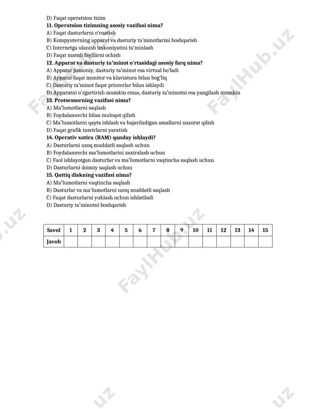 amaradorlikni oshirish c) foydalanuvchilarning ma'lumotlarini saqlash d) jarayonlarni to‘xtatish 4. kuzatish tizimlari qaysi sohalarda keng qo'llaniladi? a) faqat kompyuter dasturlarida b) faqat o‘yin texnologiyalarida c) tibbiyot, transport va xavfsizlik sohalarida d) grafika yaratishda 5. boshqaruv tizimlarida axborot qanday olinadi? a) faqat foydalanuvchi kiritadi b) axborot faqat tarmoq orqali olinadi c) tizimlar yangilanadi va axborot kiritiladi d) sensorlar orqali muhitdan olinadi 6. elektron xavfsizlik nima uchun muhim? a) tizimni viruslardan himoya qilish uchun b) ma'lumotlarning xavfsizligini ta'minlash va foydalanuvchini himoya qilish uchun c) foydalanuvchiga elektron qurilmalar o‘rnatish uchun d) faqat dasturlarni yuklab olish uchun 7. qaysi biri foydalanuvchi sog'lig'iga zarar yetkazishi mumkin? a) kompyuter xonasida yaxshi yorug‘likning mavjudligi b) kompyuter oldida to'g'ri o‘tirish c) uzoq vaqt davomida monitor oldida ishlash d) to‘g‘ri tana holatida ishlash 8. elektron xavfsizlik qoidalariga rioya qilishning maqsadi nima? a) kompyuter xavfsizligini ta’minlash va sog'likka zarar yetkazmaslik b) ma'lumotlarni ommaviy bo‘lishiga yordam berish c) faqat ma'lumotlarni saqlash …