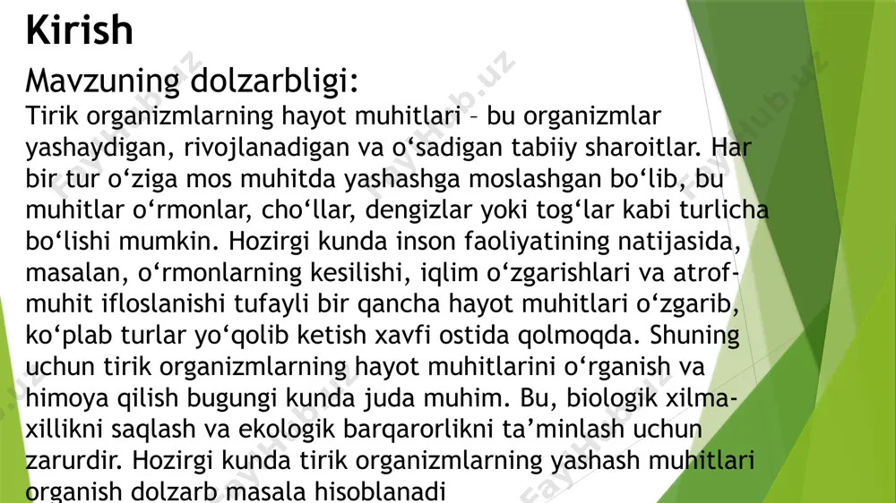 ning bu muhitlarga ekologik va morfologik moslashuv mexanizmlarini o‘rganish. 1.muhit haqida tushuncha muhit organizmga ta’sir etadigan ko’pgina organik va noorganik tarkibiy qismlardan tashkil topadi. bu tarkibiy qismlaming ba’zilari organizm uchun zarur, boshqalari zarur bolmasligi yoki organizm uchun hatto zararli bolishi ham mumkin. masalan, daraxtda uya qo'yadigan qushning ko‘payishi uchun daraxt va uning yaqin atrofida ozuqaning yetarli bolishi zarur. ammo bu joyda qurib, yiqilib yotgan daraxtlaming bolishi qush uchun ahamiyatsiz bolib, ular qushning hayotiga deyarli ta’sir ko’rsatmaydilar. daraxt tagiga odamlar kelib biror ish boshlashlari esa qushni bezovta qilishi bilan uning ko’payishiga zararli ta’sir ko’rsatishi mumkin. yashash sharoiti - muhitning organizmlar hayoti uchun zarur bolgan va unga bevosita ta’sir etadigan tarkibiy qismlari bolib, organizm ularsiz yashay olmaydi. muhitning har qanday tarkibiy qismlariga ekologik omillar deyiladi. ekologik omillar tabiatda bir-biridan ajralgan holda emas, balkim yaxlit holda birgalikda ta’sir ko’rsatadi va organizmiarning yashash sharoitini belgilaydi. turli organizmlar bu omillarni turlicha qabul qiladi. masalan, issiqsevar …