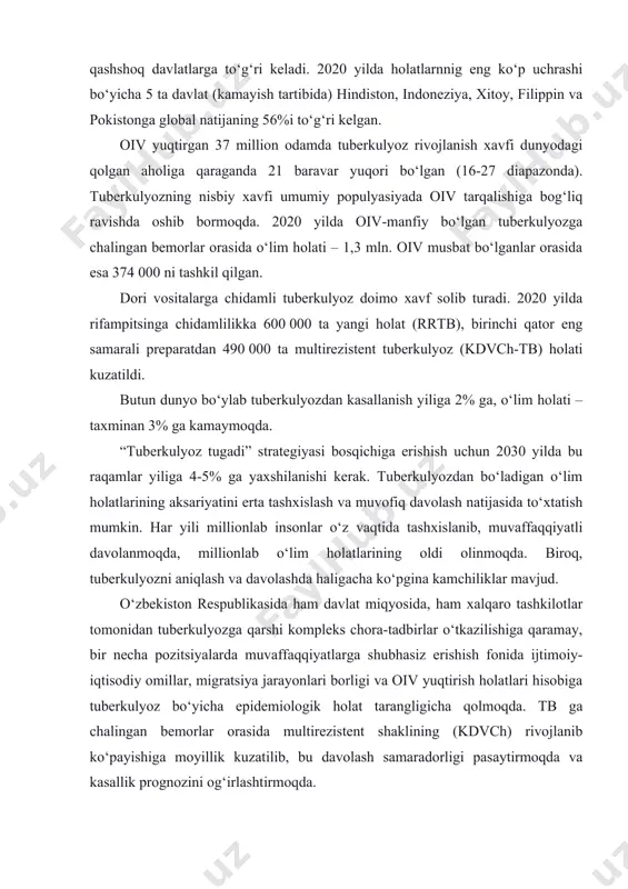 a 2 ekvivalent bo‘lgan (absolyut raqamlar bahosi 1.40-rasmda keltirilgan). 2020 yilda bjsst bo‘yicha janubiy sharqiy osiyoda - 45%, yevropada - 3%, shimoliy amerika qit’asida - 3% holatlar qayd etilgan. dunyo bo‘yicha hamma holatlarning 87%i qashshoq davlatlarga to‘g‘ri keladi. 2020 yilda holatlarnnig eng ko‘p uchrashi bo‘yicha 5 ta davlat (kamayish tartibida) hindiston, indoneziya, xitoy, filippin va pokistonga global natijaning 56%i to‘g‘ri kelgan.rasm 1.40. tuberkulyoz bo‘yicha dunyoda kasallanish. who global tb control report, 2020 oiv yuqtirgan 37 million odamda tuberkulyoz rivojlanish xavfi dunyodagi qolgan aholiga qaraganda 21 baravar yuqori bo‘lgan (16-27 diapazonda). tuberkulyozning nisbiy xavfi umumiy populyasiyada oiv tarqalishiga bog‘liq ravishda oshib bormoqda. 2020 yilda oiv-manfiy bo‘lgan tuberkulyozga chalingan bemorlar orasida o‘lim holati – 1,3 mln. oiv musbat bo‘lganlar orasida esa 374 000 ni tashkil qilgan. dori vositalarga chidamli tuberkulyoz doimo xavf solib turadi. 2020 yilda rifampitsinga chidamlilikka 600 000 ta yangi holat (rrtb), birinchi qator eng samarali preparatdan 490 000 ta …