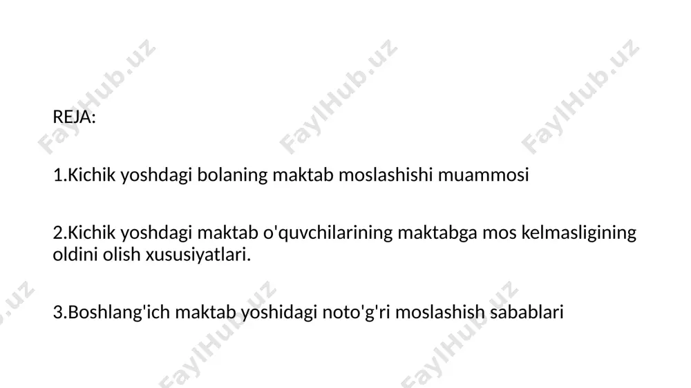 si yoki maktabga qabul qilinadi, bu muassasalar zarur davolash-sog`lomlashtirish va korrektsion, psixologik-pedagogik yordamni bera olish imkoniyatiga ega. albatta, ta`lim jarayonida har bir holatga alohida yondoshuv zarur. chunonchi, og`ir nutqiy nuqsonli bolalar alohida xususiyatlarga ega bo`ladilar. shu sababli ularda, umumta`limiy tayyorgarlikdan tashqari, korrektsion (tuzatish) yo`nalishdagi ta`limga ehtiyoj bor. 4 bizda mavjud maxsus bolalar bog`cha-maktablari oldida turgan muammolardan biri maktab, oila, jamoat tashkilotlari, mahallada shaxsni tarbiyalash va shakllantirishning korrektsion-pedagogik-psixologik reabilitatsiya tizimi etarli darajada ishlab chiqilmagan. ma`naviy-axloqiy, intellektual va jismoniy tarbiya masalalarining talab darajasiga ko`tarilmaganligi, ota-onalar, o`qituvchilarning zarur malakaga ega emasligi, shuningdek, xalq pedagogikasi boy merosidagi bilimlardan to`la xabardor bo`lmaganligidadir. tadqiqot maqsadi – boshlang`ich sinfda psixologik xizmat faoliyati bilan tanishish tadqiqot predmeti – kichik maktab yoshidagi psixologik muammolar va ular bilan olib boriladigan korrektsion ishlar tadqiqot vazifalari – boshlang`ich sinfda psixologik xizmatni tashkil qilish borasidagi ilmiy –uslubiy adabiyotlar, yo`riqnomalar bilan tanishish, bu yo`nalishlar faoliyatini, xujjatlarini, strukturasini tadqiq qilish. tadqiqot metodlari – tadqiqot mavzusi …