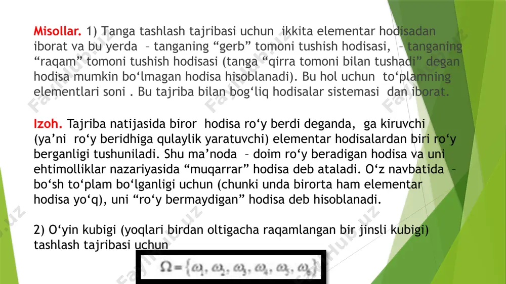 ng imkoniyatli bo’lsin. 2-ta’rif: a hodisaning klassik ehtimolligi deb, tajribaning qulaylik beruvchi natijalari sonini uning barcha natijalari soniga nisbatiga aytiladi ehtimollik ta’riflari. ehtimollikning geometrik ta’rifi. ehtimollikning klassik ta’rifida elementar natijalar soni chekli deb faraz qilinadi. amaliyotda esa ko’pincha mumkin bo’lgan natijalari soni cheksiz bo’lgan tajribalar uchraydi. bunday hollarda klassik ta’rifni qo’llab bo’lmaydi. biroq bunday hollarda ba’zan ehtimollikni hisoblashning boshqacha usulidan foydalanish mumkin bo’lib, bunda ham avvalgidek ba’zi hodisalarning teng imkoniyatlilik tushunchasi asosiy ahamiyatga ega bo’lib qolaveradi. ehtimollikning geometrik ta’rifi deb ataladigan usuldan, tasodifiy nuqtaning biror sohaning istalgan qismiga tushishi ehtimolligi bu sohaning o’lchoviga (uzunligiga,yuziga, xajmiga) proportsional bo’lib, uning shakli va joylashishiga bog’liq bo’lmagan holda foydalanish mumkin. e’tiboringiz uchun tashakkur!!! image1.jpeg image2.jpeg image3.jpeg image4.png image5.png image6.png image7.png image8.png image9.png image10.jpeg image11.jpeg image12.jpeg image13.jpeg image14.jpeg image15.jpeg
