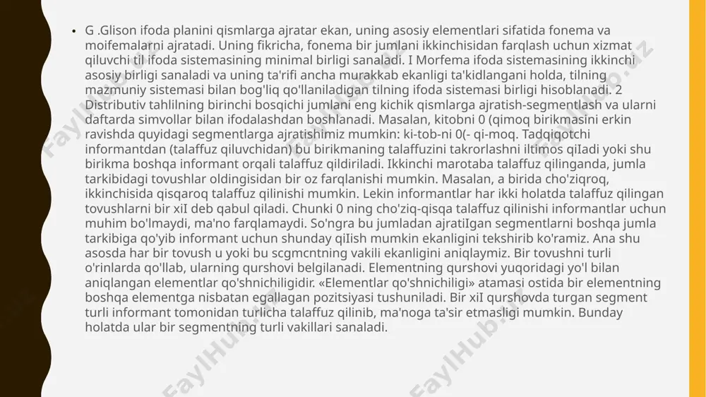 'tiidi. uning fikricha, tilning fonologik birliklarining pozitsiyalari orqali tilda ularning qanday kombinatsiyalari morfemani hosii qilishini hisoblash mumkin bo'ladi. morfologik birliklarni segmentlarga ajratish boshqa shunday birliklarga qiyoslash, taqqoslash metodi orqali amalga oshiriladi. xarris ma'noga murojaat qilishdan qochish maqsadida morfologiyada mazmuniy kriteriyani distributsiya kriteriyasi bilan almashtirishga harakat qiladi. morfema distributsiyasi deyiiganda shu morfema qo'llaniiishi mumkin bo'lgan barcha kontekstlar yig'indisi tushuniladi.' morfologiyada ham xuddi fonologiyadagi kabi uchta distributsiya modeii ajratiladi. ikki clement bir xii qurshovda biri o'rnida ikkinchisi almashinib, grammatik ma'noni o'zgartirib yuborsa, bu ikki element o'zaro kontrast distributsiya munosabat ida bo'ladi. kontrast distributsiya munosabatida bo'lgan ikki birlik ikki morfemaning ikki xii varianti - morfi yoki allomorfi sanaladi. masalan, kilob-im, kitob-ing so'zlaridagi -im, -ing shakllari bir xii pozitsiyada biri o'rnida ikkinchisi almashinib kela oladi va bu almashinish ma'no o'zgarishiga olib keladi. shuning uchun ular ikki morfemaning turli variantlari sanaladi. og'zaki so'zlashuv nutqida toqqa, eshikka, da/aga singari so'zlardagi ikkinchi rna' noli qismlarning hech biri …