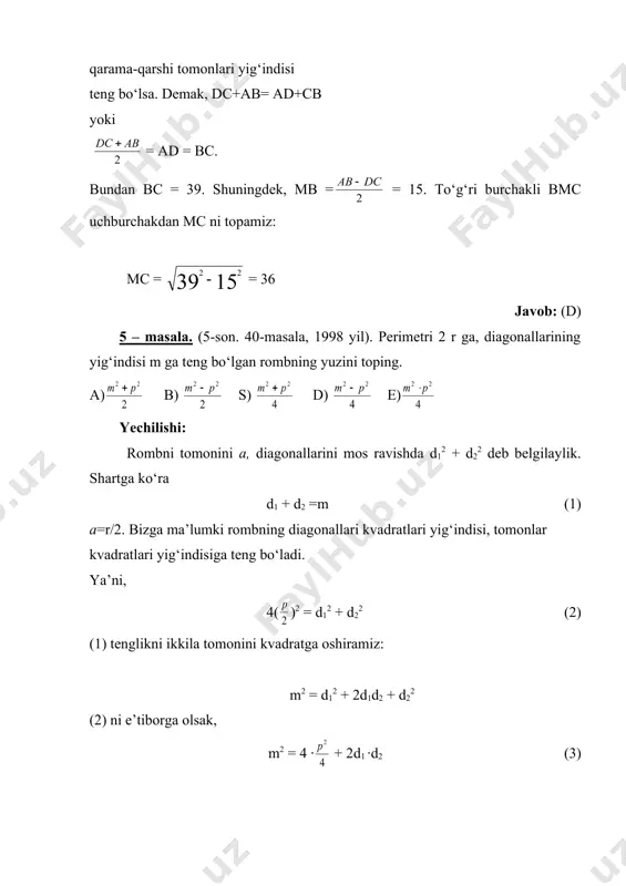 shi: masala shartiga ko‘ra abc uchburchakda <a = 600 , <c = 450, < b =750, oa =ob=oc=r. aniqlik uchun ac =a, bc = , ab =c deb belgilab olaylik. izlanayotgan uchburchak yuzini ikkita qulay usulda topish mumkin: s∆abc = yoki s∆abc = arsin <a. ma’lumki, aylanada markaziy burchakka mos ichki burchak uning yarmiga teng edi. shunga ko‘ra quyidagilarga egamiz: <aoc = 900 , < boc =1200, <aoc = 1500 ∆aoc, ∆boc, ∆aob uchburchaklarda kosinuslar teoremasini qo‘llab a, , c larni topish mumkin. a= = r ; v= =r ; s= =r ; 1-usul bo‘yicha hisoblaylik sabc= = , 2-usul bo‘yicha hisoblaylik sabc= r · r ; sin600 = ; javob: (e) 13 – masala. (5-son. 43 –masala, 1999 yil). to‘rtta nuqta aylanani yoylarga ajratadi. yoylar uzunliklari maxraji 2 ga teng geometrik progressiyani tashkil etadi. shu to‘rtta nuqtani ketma-ket tutashtirish natijasida hosil bo‘lgan to‘rtburchakning diagonallari orasidagi eng katta burchakni toping. …
