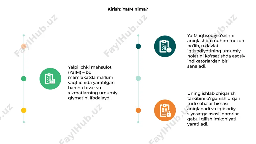 rini o'z ichiga oladi. har bir sektor muhim ahamiyatga ega. ishlab chiqarish sektorida sanoat yetakchi rol o'ynaydi. sanoat sohalari orasida eng rivojlanganlari neft-gaz, kimyo, to'qimachilik bozorlari hisoblanadi. qishloq xo'jaligi sektorida paxta, g'allachilik va chorvachilik yetakchi o'rinda turadi. bu tarmoqlarning yaimdagi ulushi barqaror ravishda o'sib bormoqda. tarmoqlar kesimida yaim ulushi o'zbekiston respublikasida yalpi ichki mahsulot (yaim) tarkibi sanoat, qishloq xo'jaligi, xizmatlar va boshqa tarmoqlar bo'yicha aniq raqamlar bilan tahlil qilinadi. sanoat tarmog'i eng yirik ulushga ega bo'lib, mamlakat iqtisodiyotining asosiy harakatlantiruvchi kuchi sifatida yaimda sezilarli o'rin egallaydi. qishloq xo'jaligi va xizmatlar sohasi ham umumiy iqtisodiy o'sishga hissa qo'shib, iqtisodiyoti turli tarmoqlarga tayangan o'zbekiston rivojlanmoqda. hududiy ishlab chiqarish farqlari 01 02 03 o'zbekiston respublikasida yaim ishlab chiqarish tarkibi hududiy jihatdan turlicha shakllanadi. viloyatlar o'rtasida sanoat va qishloq xo'jaligi ulushi farqlanadi. toshkent shahri va farg‘ona vodiysi iqtisodiyoti sanoatga tayangan bo‘lsa, qashqadaryo viloyatida asosan neft-gaz sektori ustunlik qiladi. qoraqalpog‘iston respublikasi va navoiy viloyati xomashyo …