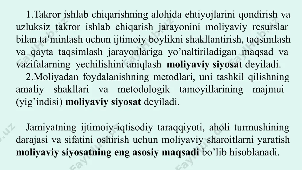 yta taqsimlash orqali mamlakat iqtisodiyotini rivojlantirish uchun davlatning soliq tizimini shakllantirishdagi iqtisodiy, moliyaviy va huquqiy choralar majmui. moliyaviy siyosatning yo’nalishlaridan siyosatidir. agar muomaladagi pul miqdori yana biri pul tovarlar massasi miqdoriga (pulning aylanish tezligini hisobga olgan holda) mos kelmasa, pul massasining etmagan qismi qog’oz pullar (pullarning surrogati) hisobidan yoki xorijiy valyuta hisobidan to’ldiriladi. va, aksincha, agar pul massasi unga bo’lgan talabdan ortiq bo’lsa, yo pul massasining mamlakatdan chetga chiqishi (oqishi) yoki milliy valyutaning qadrsizlanishi sodir bo’ladi. kredit tizimi ssuda kapitalining faoliyat ko’rsatishini ta’minlaydi. o‘z navbatida, ssuda kapitali takror ishlab chiqarish jarayonini amalga oshirishning muhim sharti hisoblanib, aylanma mablag’larni to’ldirish va investi-tsiyalar uchun mablag’larning qarzga olinishini ta’minlaydi. iqtisodiyotning kredit sektori o’rtacha foyda normasini tenglashtirish uchun ham xizmat qiladi. foiz stavkasining darajasi jamiyatdagi iqtisodiy faollikka salbiy ta’sir ko’rsatishi mumkin. u asossiz darajada yuqori bo’lsa, quyidagi salbiy oqibatlarga olib kelishi mumkin: kredit siyosati ham moliyaviy siyosatning yo’nalishi bo’lib, u mamlakat krediti tizimi orqali …