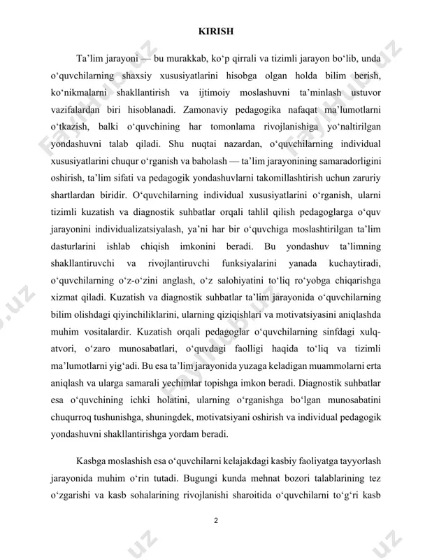 adi. diagnostik suhbatlar esa o‘quvchining ichki holatini, ularning o‘rganishga bo‘lgan munosabatini chuqurroq tushunishga, shuningdek, motivatsiyani oshirish va individual pedagogik yondashuvni shakllantirishga yordam beradi. kasbga moslashish esa o‘quvchilarni kelajakdagi kasbiy faoliyatga tayyorlash jarayonida muhim o‘rin tutadi. bugungi kunda mehnat bozori talablarining tez o‘zgarishi va kasb sohalarining rivojlanishi sharoitida o‘quvchilarni to‘g‘ri kasb tanlashga yo‘naltirish juda muhim hisoblanadi. kasbga moslashish jarayoni o‘quvchilarning qobiliyatlari, qiziqishlari va bozor talablarini uyg‘unlashtirib, ularni samarali kasbiy faoliyatga tayyorlashga yordam beradi. ushbu jarayonda professiografiya metodlari keng qo‘llanilib, kasblarning talab va shart-sharoitlari batafsil o‘rganiladi va ta’lim dasturlari shunga moslashtiriladi. ta’lim jarayonida o‘quvchilarning xususiyatlarini o‘rganish va diagnostika tizimini amaliyotga joriy etish, shuningdek, kasbga moslashish va professiografiya tushunchalarini samarali qo‘llash — pedagogik amaliyotni zamonaviylashtirish, o‘quvchilarning individual rivojlanishiga xizmat qiluvchi muhim omillardir[footnoteref:1]. [1: abdukarimova, g. m. (2018). pedagogik psixologiya asoslari. toshkent: o‘zbekiston milliy universiteti nashriyoti.] bu jarayonlar ta’lim sifatini tubdan oshirishga, o‘quvchilarning o‘ziga xos imkoniyatlari va qobiliyatlarini to‘liq ro‘yobga chiqarishga zamin yaratadi. shu …