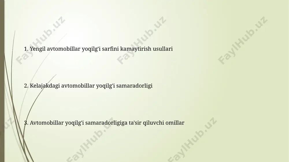 zlari elektr kuchaytirgichlar, isitish tizimlari va boshqa elektr jihozlari ham dvigatelning ishini sezilarli darajada qiyinlashtiradi, bu esa yonilgʻi sarfini 5-15% ga koʻpaytirishi mumkin. avtomobilning elektr tizimlarining samaradorligi ham yonilgʻi tejamkorligiga ta'sir qiladi; eski yoki nosoz batareyalar va generatorlar yonilgʻi sarfini 2-7% ga oshirishi mumkin. haydovchining haydash uslubi keskin tezlashtirish va to'satdan tormozlash yoqilg'i sarfini 30% ga qadar oshirishi mumkin, bu esa dvigatelning samaradorligini pasaytiradi va yoqilg'i iste'molini ko'paytiradi. optimal tezlikda harakatlanish, ya'ni 50-80 km/soat oralig'ida, yoqilg'i tejamkorligini 15-20% ga oshirishga yordam beradi. shinalar bosimi va turi shinalarning bosimi 20-35 psi oralig'ida optimal hisoblanadi, past bosim yonilg'i sarfini 3% gacha oshirishi mumkin, shuningdek, shinalarning tez aşınishiga olib keladi. to'g'ri shina turi – past aylanish qarshiligi bilan, yo'l sirtiga mos keladigan, masalan, yozgi shinalar yozda, qishki shinalar qishda ishlatilishi yonilg'i tejamkorligiga sezilarli ta'sir ko'rsatadi. muhit sharoitlari shahar sharoitida tez-tez toʻxtash va harakatlanish, ya'ni "start-stop" rejimining koʻpligi, avtomobilning yonilg'i sarfini 30% gacha oshirishi …