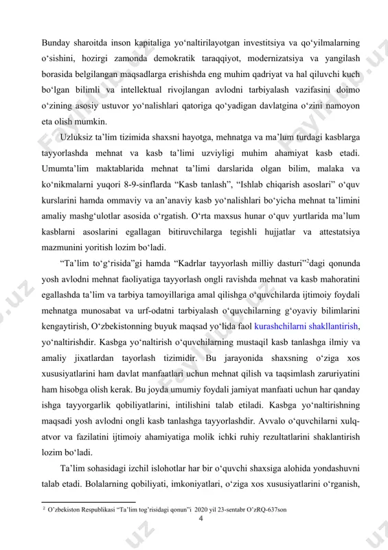 avlodni mehnat faoliyatiga tayyorlash ongli ravishda mehnat va kasb mahoratini egallashda ta’lim va tarbiya tamoyillariga amal qilishga o‘quvchilarda ijtimoiy foydali mehnatga munosabat va urf-odatni tarbiyalash o‘quvchilarning g‘oyaviy bilimlarini kengaytirish, o‘zbekistonning buyuk maqsad yo‘lida faol kurashchilarni shakllantirish, yo‘naltirishdir. kasbga yo‘naltirish o‘quvchilarning mustaqil kasb tanlashga ilmiy va amaliy jixatlardan tayorlash tizimidir. bu jarayonida shaxsning o‘ziga xos xususiyatlarini ham davlat manfaatlari uchun mehnat qilish va taqsimlash zaruriyatini ham hisobga olish kerak. bu joyda umumiy foydali jamiyat manfaati uchun har qanday ishga tayyorgarlik qobiliyatlarini, intilishini talab etiladi. kasbga yo‘naltirishning maqsadi yosh avlodni ongli kasb tanlashga tayyorlashdir. avvalo o‘quvchilarni xulq-atvor va fazilatini ijtimoiy ahamiyatiga molik ichki ruhiy rezultatlarini shaklantirish lozim bo‘ladi. [2: o’zbekiston respublikasi “ta’lim tog’risidagi qonun”i 2020 yil 23-sentabr o’zrq-637son] ta’lim sohasidagi izchil islohotlar har bir o‘quvchi shaxsiga alohida yondashuvni talab etadi. bolalarning qobiliyati, imkoniyatlari, o‘ziga xos xususiyatlarini o‘rganish, ularning o‘zi qiziqqan sohalar bo‘yicha bilim va ko‘nikmalarini shakllantirish maqsadida mamlakatimizdagi barcha umumta’lim maktablarida psixolog …