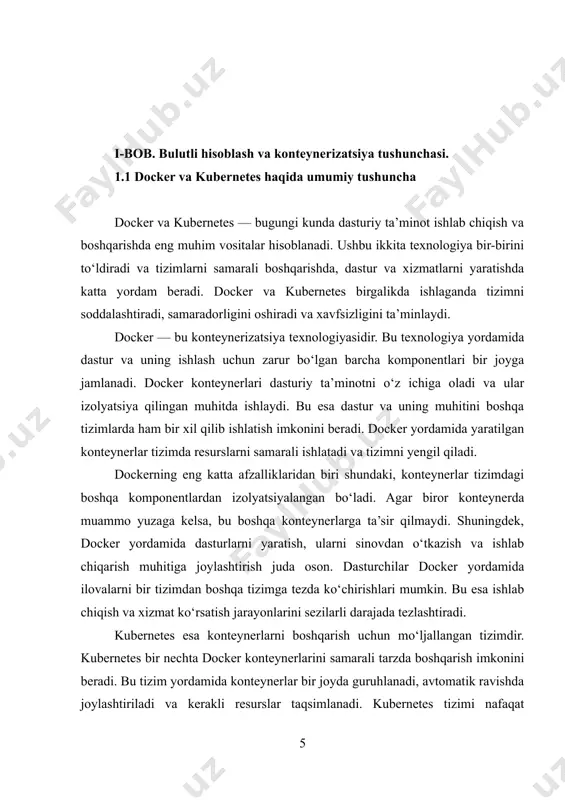 yaratadi va ularni tizimga qo‘shadi. shuningdek, foydalanuvchilar soni kamayganda, kubernetes kerakli konteynerlarni o‘chirib, resurslarni tejaydi. bu esa tizimni samarali ishlatishga yordam beradi va kompaniyalar uchun katta tejamkorlik yaratadi. kubernetes yordamida konteynerlar kengaytiriladi va ularning soni avtomatik tarzda boshqariladi. bu tizimning uzluksiz ishlashini ta’minlaydi va foydalanuvchilarga hech qanday to‘siqlarsiz xizmat ko‘rsatishni davom ettiradi. docker va kubernetes — bu ikki texnologiya birgalikda ishlaganda zamonaviy dasturlarni yaratish va boshqarishni soddalashtiradi. docker konteynerizatsiya yordamida dasturlarni izolyatsiya qiladi va tizim resurslarini samarali ishlatadi. kubernetes esa bu konteynerlarni boshqaradi, joylashtiradi va tizimning samarali ishlashini ta’minlaydi. ushbu ikki texnologiya bir-birini to‘ldirib, tizimlarni ishonchli va samarali qiladi. 1.2 – bulutli hisoblash va konteynerizatsiyaning aloqasi bulutli hisoblash va konteynerizatsiya bir-biriga juda bog‘liq bo‘lgan ikki texnologiya bo‘lib, zamonaviy dasturiy ta’minot ishlab chiqish va axborot tizimlarini boshqarishda katta rol o‘ynaydi. bulutli hisoblash texnologiyasining asosiy maqsadi resurslarni masofaviy tarzda taqdim etish, ya’ni foydalanuvchilarga serverlar, saqlash joylari va boshqa resurslarni internet orqali taqdim …