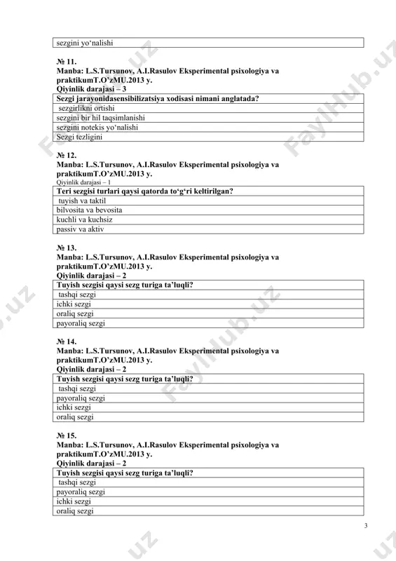 a va praktikumt.o’zmu.2013 y. qiyinlik darajasi – 2 muloqot orqali sezish qanday nomlanadi? kostant predmetli harakatli dominant № 18. manba: l.s.tursunov, a.i.rasulov eksperimental psixologiya va praktikumt.o’zmu.2013 y. qiyinlik darajasi – 1 og‘riq sezgisi sezgisi qaysi sezg turiga ta’luqli organik oraliq sezgi abstrakt reflekis № 19. manba: l.s.tursunov, a.i.rasulov eksperimental psixologiya va praktikumt.o’zmu.2013 y. qiyinlik darajasi –2 organik sezgi retseptorlari qo‘zg‘alishidan yuzaga keladigan tuyg‘ular qaysilar? xush va noxush tuyg‘ular barqaror va beqaror tuyg‘ular jo‘shqin va sokintuyg‘ular № 20. manba: l.s.tursunov, a.i.rasulov eksperimental psixologiya va praktikumt.o’zmu.2013 y. qiyinlik darajasi – 1 distat sezgilarga qaysi sezgilar kiradi? ko‘rish, eshitish, xid bilish ta’m bilish, eshitish, xid bilish teri sezgilari, eshitish, xid bilish ko‘rish, ichki sezgilar, xid bilish № 21. manba: l.s.tursunov, a.i.rasulov eksperimental psixologiya va praktikumt.o’zmu.2013 y. qiyinlik darajasi – 3 konstat sezgilarga qaysi sezgilar kiradi? teri va ta’m bilish sezgilari eshitish va ta’m bilish sezgilari ta’m bilish va xid bilish ko‘rish va ta’m …