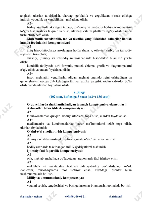 ol ishtirok etish, atrofdagi insonlar bilan xushmuomalada bo‘lish; badiiy asarlarda xilma-xil shakl va ko‘rinishlarda namoyon bo‘ladigan qahramon va personajlarning ijtimoiy-ma’naviy, fuqarolik, insoniylik va boshqa burch hamda huquqlarini bajarishlaridagi o‘ziga xosliklar (halol, vijdonli, jonkuyar, loqayd...) ga qarab turib xolis va jiddiy mulohaza yuritish. a2+ badiiy asarlarda aks etgan yuksak ma’naviy fazilatlar, shuningdek, yuksak badiiyat namunalarini anglay olish, his etish va boshqalarga yetkazishga intilish. milliy va umummadaniy kompetensiya a2 badiiy adabiyot va san’atda aks etgan vatanparvarlik, insonparvarlik g‘oyalarini, umuminsoniy va milliy qadriyatlar tasviridagi o‘ziga xosliklarni anglash, ulardan ta’sirlanish, ulardagi go‘zlallik va ezgulikdan o‘rnak olishga intilish, yovuzlik va xunuklikdan nafratlana olish; a2+ badiiy asarlarda aks etgan tarixiy, ma’naviy va madaniy hodisalar mohiyatini to‘g‘ri tushunish va talqin qila olish, ulardagi estetik jihatlarni ilg‘ay olish hamda tushuntirib bera olish. matematik savodxonlik, fan va texnika yangiliklaridan xabardor bo‘lish hamda foydalanish kompetensiyasi a2 aniq hisob-kitoblarga asoslangan holda shaxsiy, oilaviy, kasbiy va iqtisodiy rejalarini tuza olish; shaxsiy, ijtimoiy …