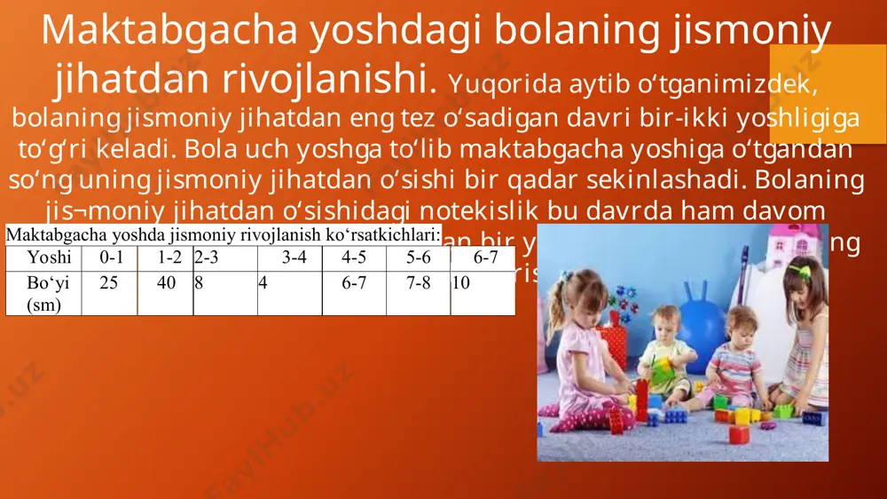 on ma’lum darajada egilish yuz beradi. keyinchalik bolaning umurtqa suyagi mana shu shaklda saqlanib qoladi. bog‘cha yoshida bolaning bosh suyagi ham tez o‘sadi. 3 yoshdan boshlab bosh miya suyagining orqa va tepa tomonlari tez o‘sadi. bolaning bosh suyagi 6 yoshdan 7 yoshgacha bo‘lgan davrda tez o‘sadi. bog‘cha yoshidagi bola yuragining katta odamlar yuragiga qaraganda nisbatan tezroq urishini sababi ham mana shundadir. chunonchi, agar bir yoshdagi bolaning yuragi 1marta qisqarishda 10,2 kub, santimetr qon siqib chiqarsa, 7 yoshli bolaning yuragi 1 marta qisqarganda 23 kub.santimetr qon siqib chiqaradi. katta yoshdagi odamlarning yuragi esa 60 kub.santimetrdan ortiqroq qon siqib chiqaradi. shu narsani ham aytish kerakki, bolaning bog‘cha yoshidagi davrida qon bosimi biroz kuchayadi. bu hodisa barcha yoshdagi davrda yurakning nisbatan kuchli ishlashi bilan bog‘liqdir. ma’lumki, o‘pkaning normal ishlashi va rivojlanishga ko‘krak qafasiga o‘sishi ko‘p jihatdan ta’sir qiladi. chunki, o‘pkaning faoliyati asosan ko‘krak qafasi shakli va elastikligi bog‘liqdir. mana shu jihatdan kichik yoshdagi …