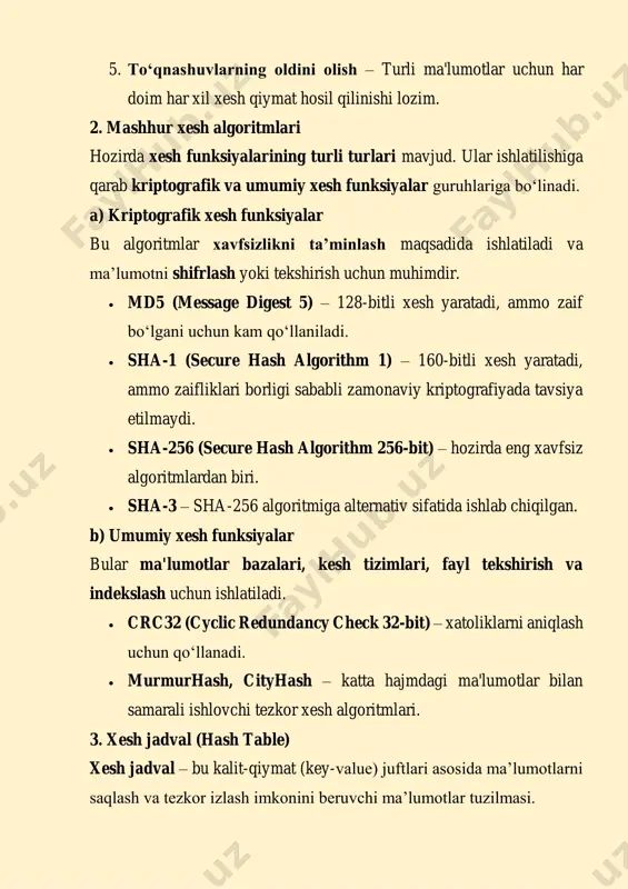 atiladi. 5. digital imzo – elektron hujjatlarning haqiqiyligini tasdiqlash uchun. xulosa  xesh funksiyalari – katta hajmdagi ma'lumotlarni ixchamlashtirish uchun ishlatiladi.  xesh jadval – ma'lumotlarni tezkor saqlash va qidirish imkonini beradi.  xesh to‘qnashuvlari – muammoli holatlar bo‘lib, ularni hal qilish uchun maxsus usullar mavjud.  kriptografik xesh funksiyalari – ma'lumotlarning xavfsizligini ta’minlash uchun qo‘llaniladi. xesh algoritmlari kriptografiya, ma'lumotlar bazalari, kesh tizimlari, raqamli imzo va fayl tekshirish kabi ko‘plab sohalarda ishlatiladi. heshlashga doir misollar 1. kitob kutubxonasi va indeks raqami kutubxonaga borsangiz, kitoblar alifbo yoki mavzuga ko‘ra tartiblangan bo‘ladi. har bir kitobning katalogda o‘ziga xos indeks raqami bor. agar siz kitob nomini bilsangiz, uning indeks raqami orqali joylashgan joyini topishingiz mumkin. xesh funksiyasi ham shunday ishlaydi – katta hajmdagi ma’lumotlarni ixcham raqamga (xesh qiymatiga) o‘zgartiradi va qidiruv jarayonini tezlashtiradi. 2. do‘kondagi mahsulotlar va shtrix-kod har bir mahsulot shtrix-kodga ega. kassada mahsulot nomi yoki narxini emas, balki shtrix-kodni skaner qilinadi …