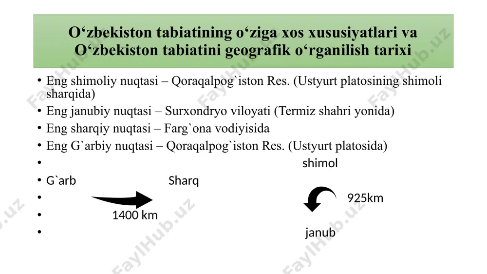 ri oxirida o`rta osiyodagi geografik obyektlarning kordinatalarini jadval tariqasida kiritgan. rus istilosi davri xvii asrdan boshlab turkiston o’lkasi bilan ruslar ham qiziqib, uning geografiyasini o`rganishni boshladi. ularning asl maqsadi turkiston tabiatini o’rganish niqobi ostida bu hududda joylashgan xonliklarning harbiy sirlari va qudratini bilish, qanday boyliklari borligini aniqlash hamda mustamlakaga aylantirish edi. 1715-1717 yillarda bekovch-cherkasskiy boshchiligidagi ekspeditsiya xiva xonligiga keladi. 1721-1725 yillari floro beneveni (elchi) buxoro va xiva hududlarini o`rgnadi. 1740-1743 yillari d.gladishev va i.muravinlar xiva xonligini, orol dengizini o`rganadi. 1774-1782 yillar f.yefremov qoraqum, qizilqum cho`llari, zarafshon va farg`ona vodiysini o`rganadi. a.p.fedchenko tog’ tizmallarini o’rganadi. pomir tog`laridagi muzliklarni o`rganadi. a.f.middendorf tabiiy boyliklarni, iqlimiy resurslarni o`rganadi. i.v.mushketov o’zbekiston hududidagi tabiiy boyliklarni o`rganadi. l.s.berg orol dengizini chuqur o`rganadi. mustamlaka davri o’zbekistonning tabiiy sharoiti va resurslarini o`rganish sobiq sovet imperiyasi davrida ham davom etadi. bu davrda tashkil etilgan har bir ilmiy safar kompleks xususiyatga ega bo’lib, o’rgangan hududning tabiiy unsurlarini hammasini bir-biriga bog`liq holda …