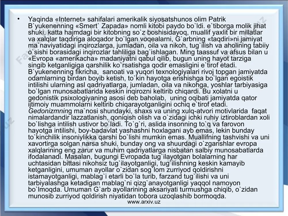 i berdi. ana shu aloqalar tufayli milliy mehmonnavozlik va sahovat an`analari yanada rivojlandi. www.arxiv.uz www.arxiv.uz shunday sharoitda prezidentimiz islom karimovning fikrlari biz uchun hamisha dalda bo`ladi: «eng muhimi, qalbimizda g`ururimiz, bilagimizda kuchimiz bor ekan, biz tinchlikni himoya qilishga, unga xavf solayotgan kuchlarga qarshi kurashishga, qaddimizni tik tutib, boshimizni baland ko`tarib yashashga qodirmiz. bizni qo`rqitmoqchi bo`layotgan g`alamislar shuni bilib qo`ysinki, biz hech kimga bosh egmaganmiz va hech qachon bosh egmaymiz. bunda bizga milliy g`oyamiz va mafkura g`oyaviy tayanch va asos bo`ladi (2001 yil 10 oktyabr`). zero, milliy mafkura xalqning maqsad-muddaolarini ifodalaydi, tarix sinovlaridan o`tishda uning ruhini ko`tarib, suyanch va tayanch bo`ladi, shu millat, shu jamiyat duch keladigan ko`plab hayotiy va ma`naviy muammolarga javob izlaydi. u insonga faqat moddiy boyliklar va ne`matlar uchun emas, avvalo, alloh taolo ato etgan aql-zakovat, iymon-e`tiqod tufayli yuksak ma`naviyatga erishish uchun intilib yashash lozimligini anglatadigan, bu murakkab va tahlikali dunyoda uning taraqqiyot yo`lini yoritib beradi. istiqlol mafkurasi …