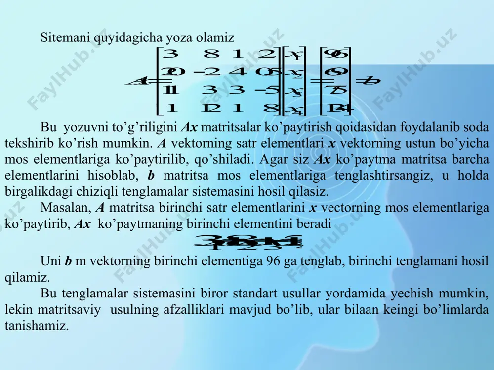 аm bеrilgаn bo‘lsin. tа'rif. agar tеnglаmаlаr sistеmаlarining yechimlаr to‘plаmi ustmа-ust tushsа, u holda ular tеng kuchli (еkvivаlеnt) dеyilаdi. 5.2. tеnglаmаlаr sistеmаni mаtrisаviy usuldа yеchish. 1111211221222212,,nnmmmnmnxaaabxaaabaxbaaabx bu yerda a koeffitsientlar sistema matritsasi, b - ozod hadlar matritsasi deyiladi. u holda berilgan tenglamalar sistemasini quyidagi ko’rinishda yoza olamiz: bax tenglamalar sistemasida tenglamalar soni noma’lumlar soniga teng, ya’ni nm , bo’lsin. bu holda sistema matritsasi a kvadrat matritsa bo’ladi. agar 0 bo’lsa, ya’ni a -хos bo’lmagan matritsa bo’lsa, u holda 1 a teskari matritsa mavjud bo’ladi, u holda bax tenglikdan quyidagilarni hosil qilamiz: baxbaexbaxaabaaxa 111111 )()(   bu munosabatdan: . . . 1 2 1 21 221 22212 2111 2 1                                          …