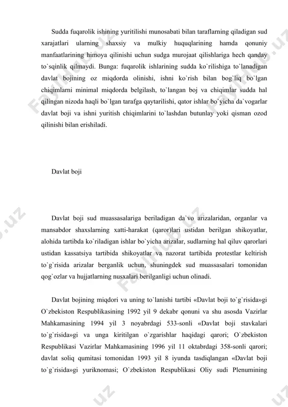 korxonalar, muassasalar, tashkilotlardan ham olinadi. davlat boji oddiy, ya`ni qat`iy stavkalarda, sum va tiyinlar bilan hisoblab olinadigan bojga va proporsional bojga, ya`ni da`vo qiymati (summasi)ga nisbatan foiz bilan hisoblab undiriladigan bojga bo`linadi. davlat boji dastlabki va muqobil da`vo arizalari beruvchilardan, mustaqil da`vo talablari bilan sudga murojaat qiluvchi uchinchi shaxslardan, shuningdek alohida tartibida ko`riladigan ishlar to`g`risida ariza beruvchilardan hamda kassatsiya shikoyatlar va nazorat tartibida protestlar keltirish to`g`risidagi ariza beruvchilardan olinadi. xususiy shikoyatlar berilishida boj undirilmaydi, shuningdek sudlar tomonidan hujjatlarning ko`chirma nusxalari berilganligi uchun ham belgilangan tartibda boj undiriladi. bulardan tashqari yuqorida aytilganidek, davlat boji taraflarning va ishda ishtirok etuvchi boshqa shaxslarning iltimoslari bo`yicha ishda bo`lgan qog`ozlar va hujjatlarning nusxalarini olishda undiriladi. boj sud tomonidan hal qiluv qarori, hukmlar va ajrimlarning nusxalarini takror berganlik uchun ham olinadi. dastlabki da`vogarning roziligi bo`yicha uning boshqa shaxs bilan sud tomonidan almashtirilganida bu shaxs ham umumiy asoslarda boj to`lashi lozim bo`ladi. bunday hollarda dastlabki da`vogar tomonidan …